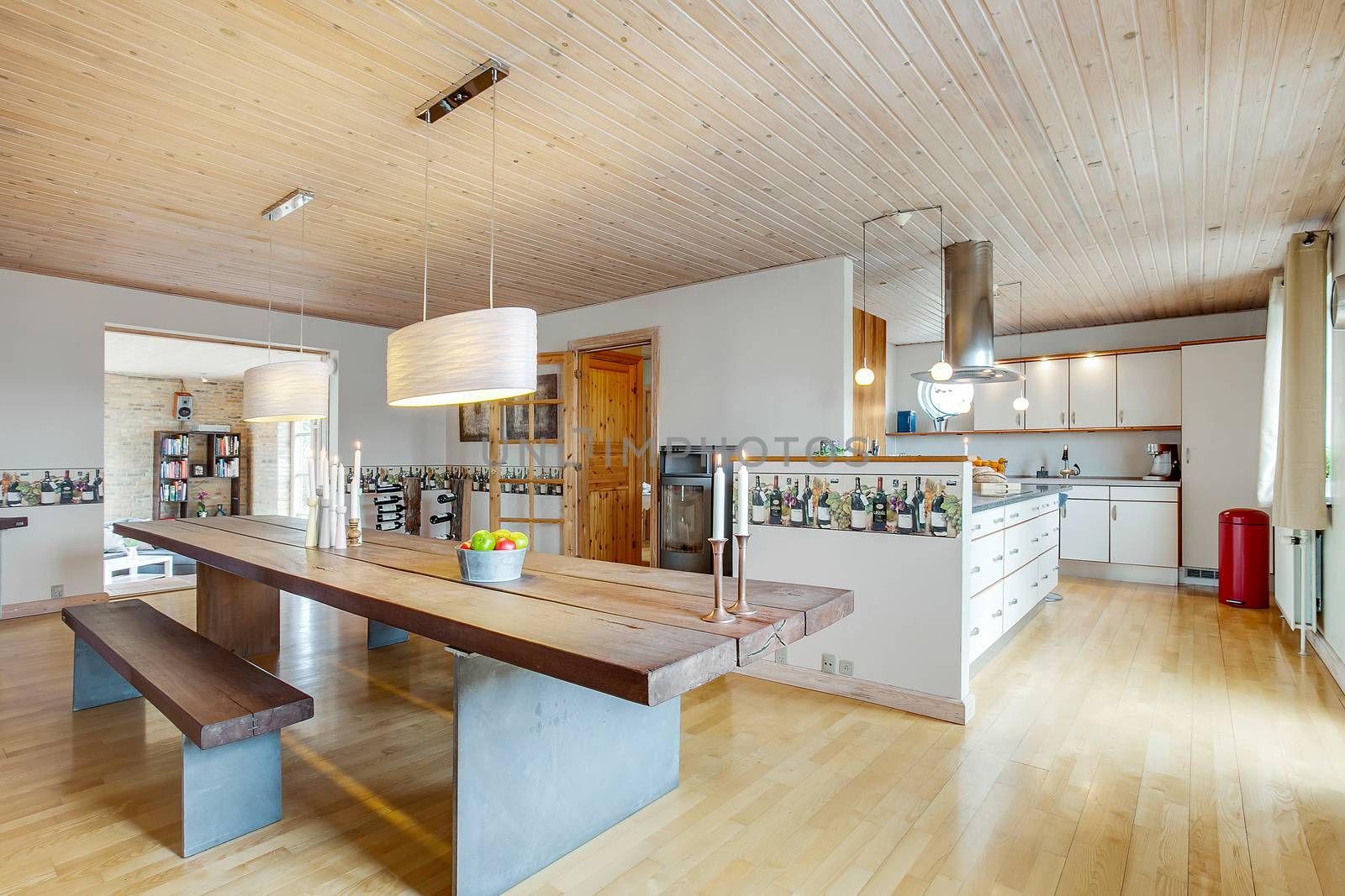 Large table in a Danish dining room and kitchen