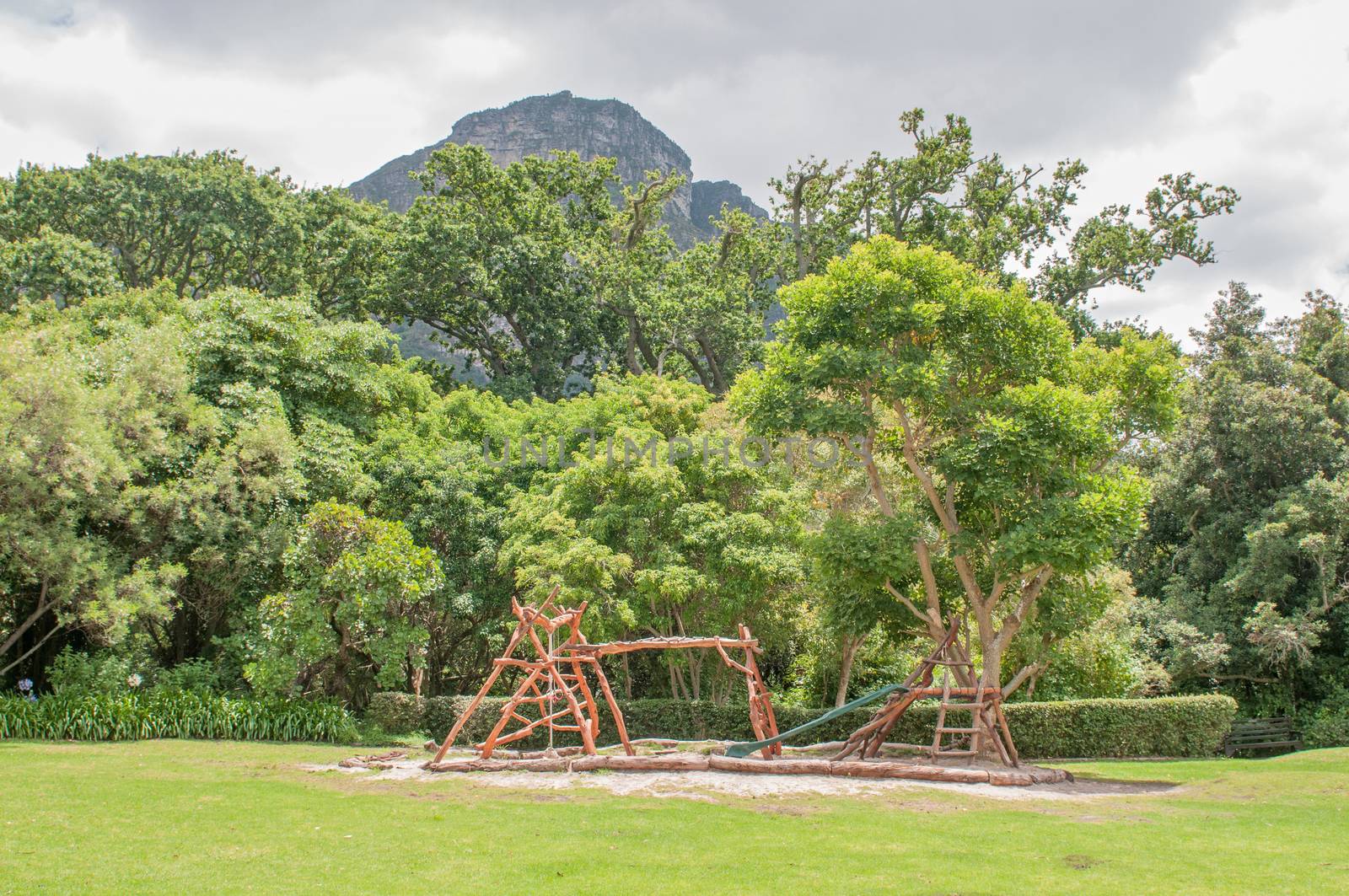 Childrens playground in the Kirstenbosch Botanical Gardens with Table Mountain in the back