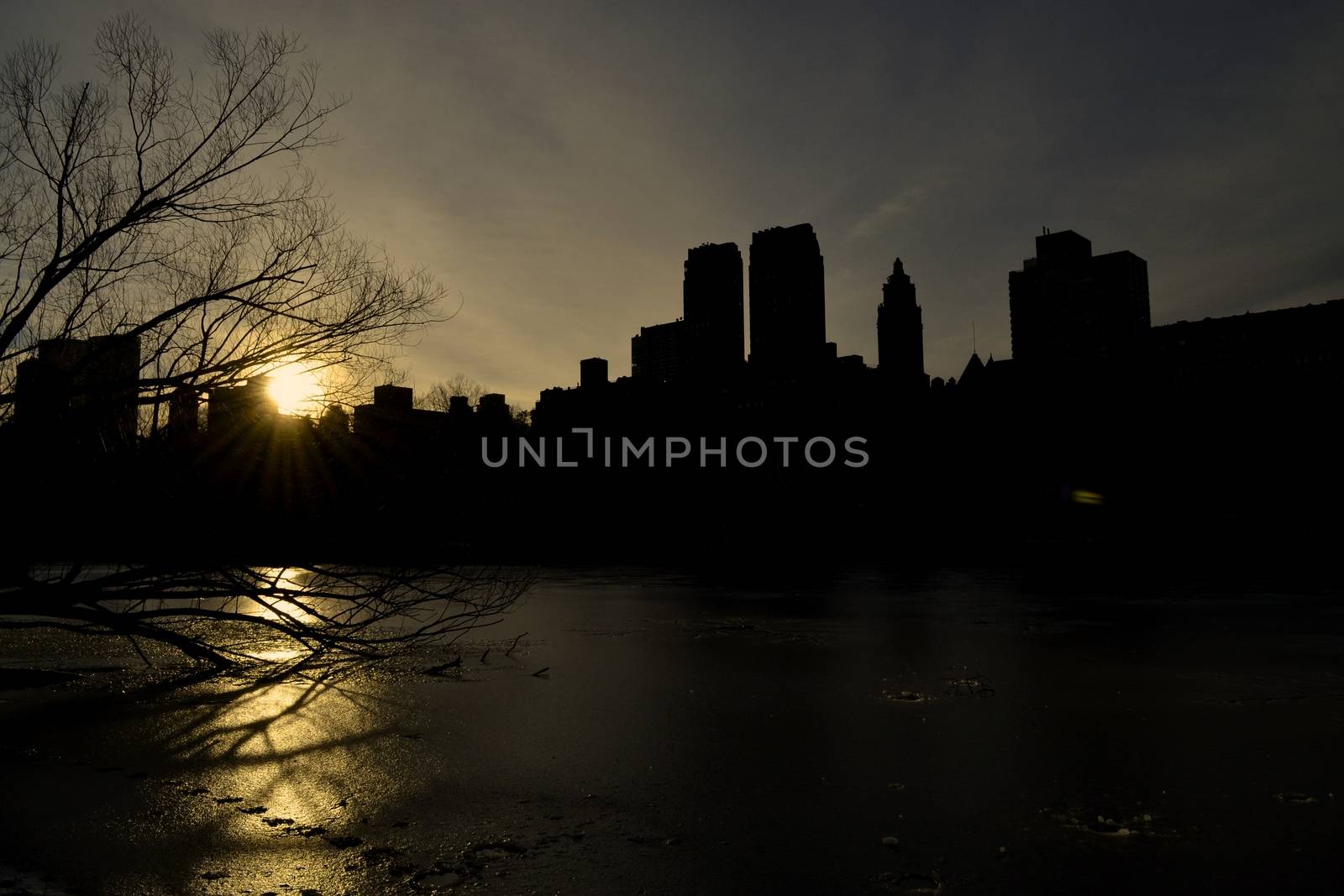 Picture of a winter sunset by central park west
