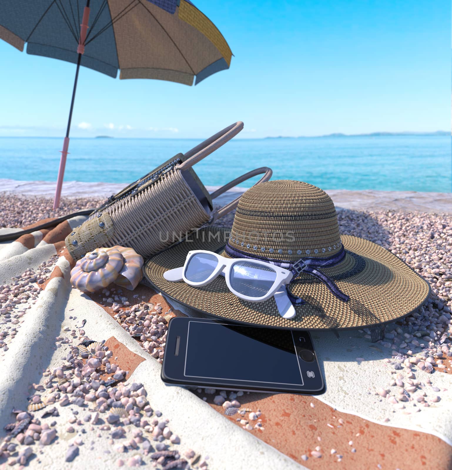 relaxing vacation concept background with seashell, umbrella and beach accessories