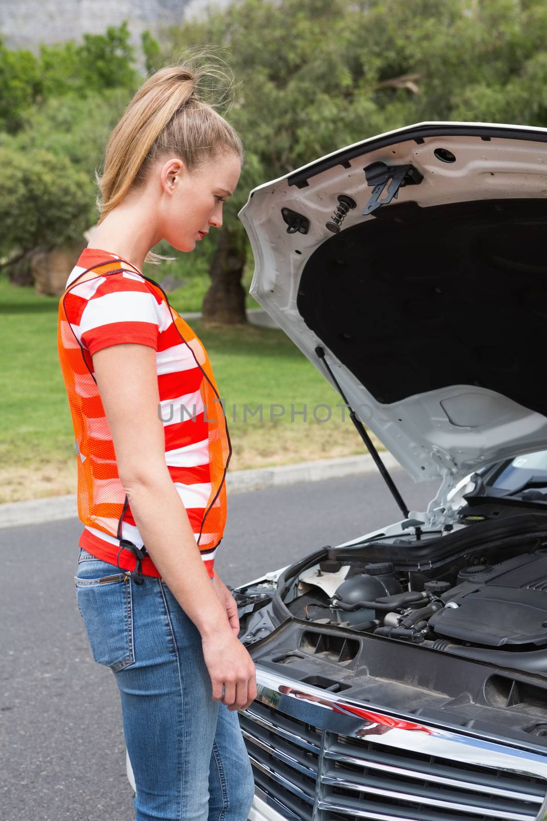 Worried young woman beside her broken down car  by Wavebreakmedia