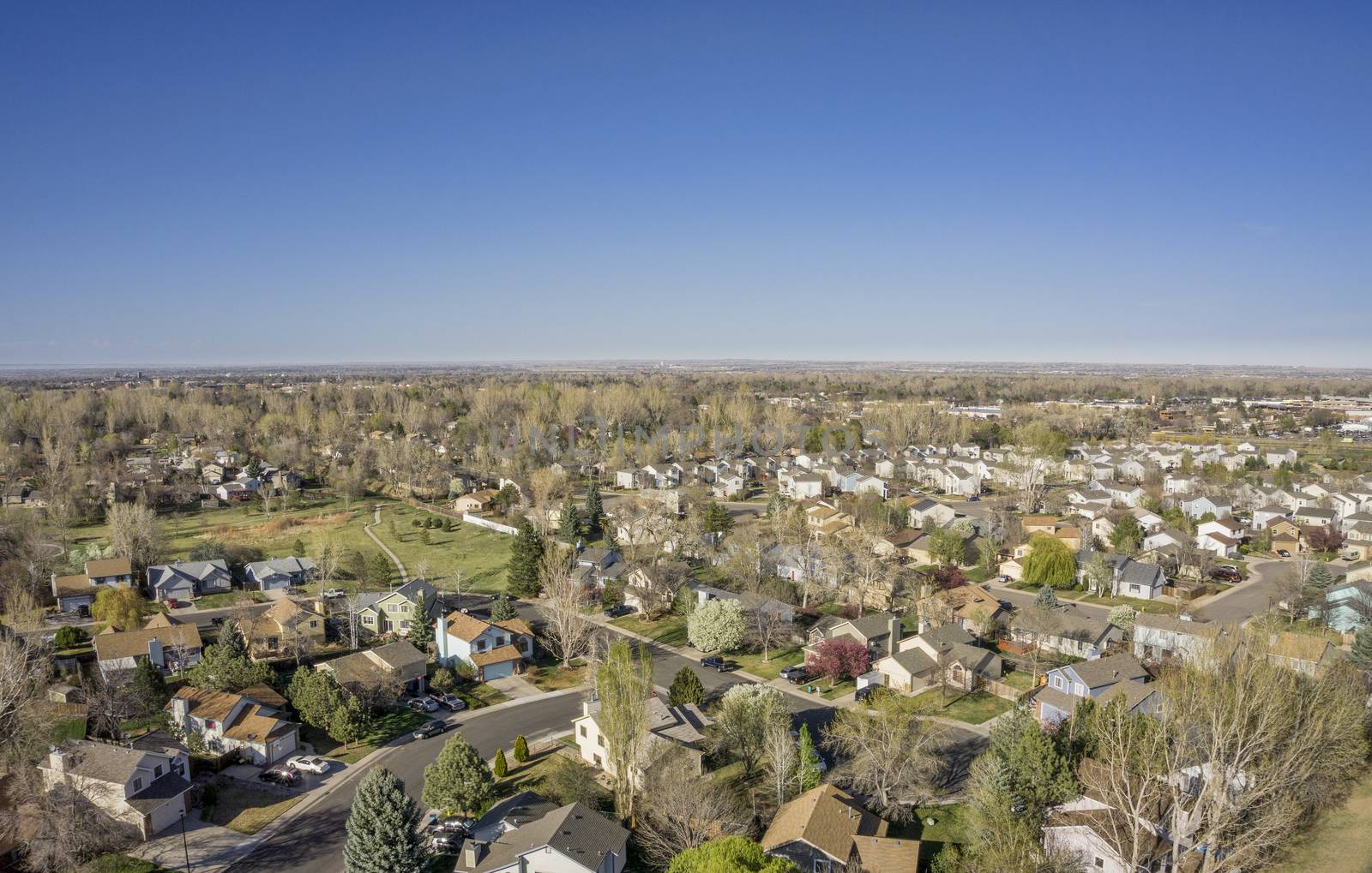 aerial view of Fort Collins residential area, typical along Colorado Front Range, early spring (April) scenery