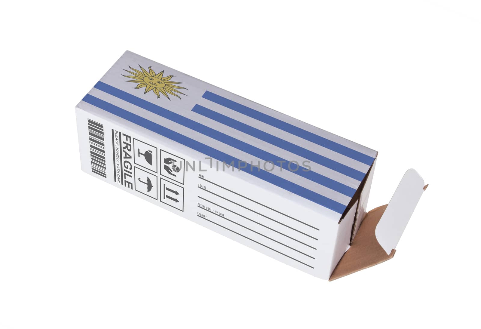 Concept of export, opened paper box - Product of Uruguay