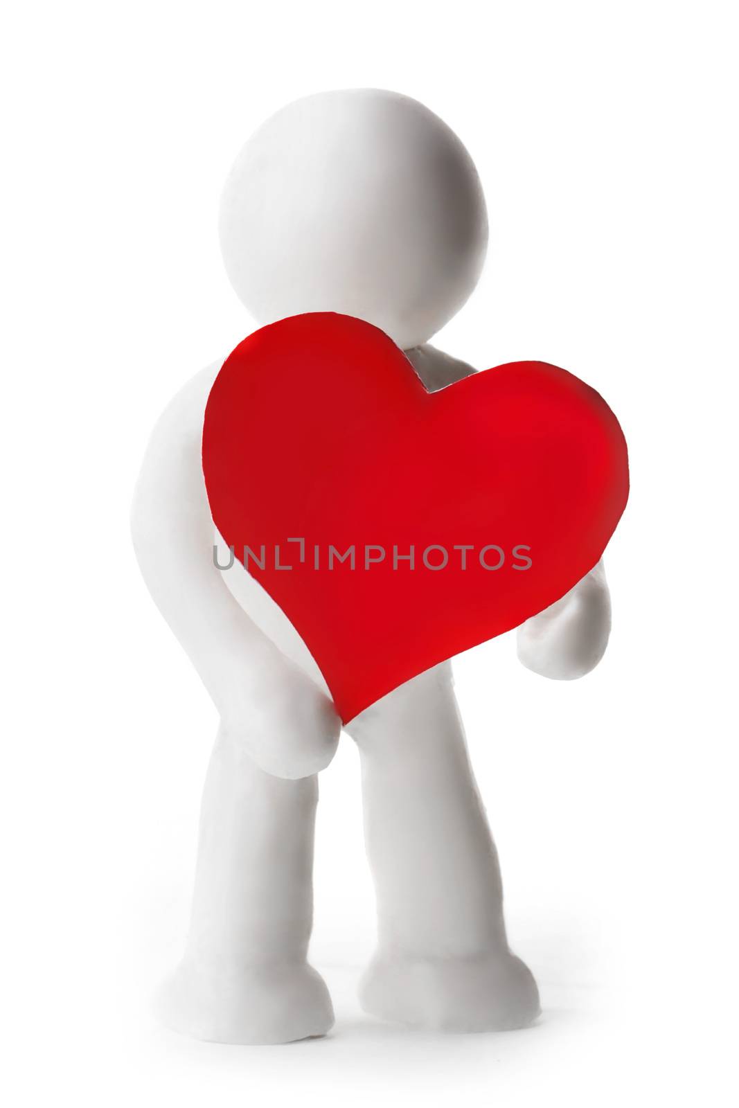 Plasticine man holding heart isolated on white background
