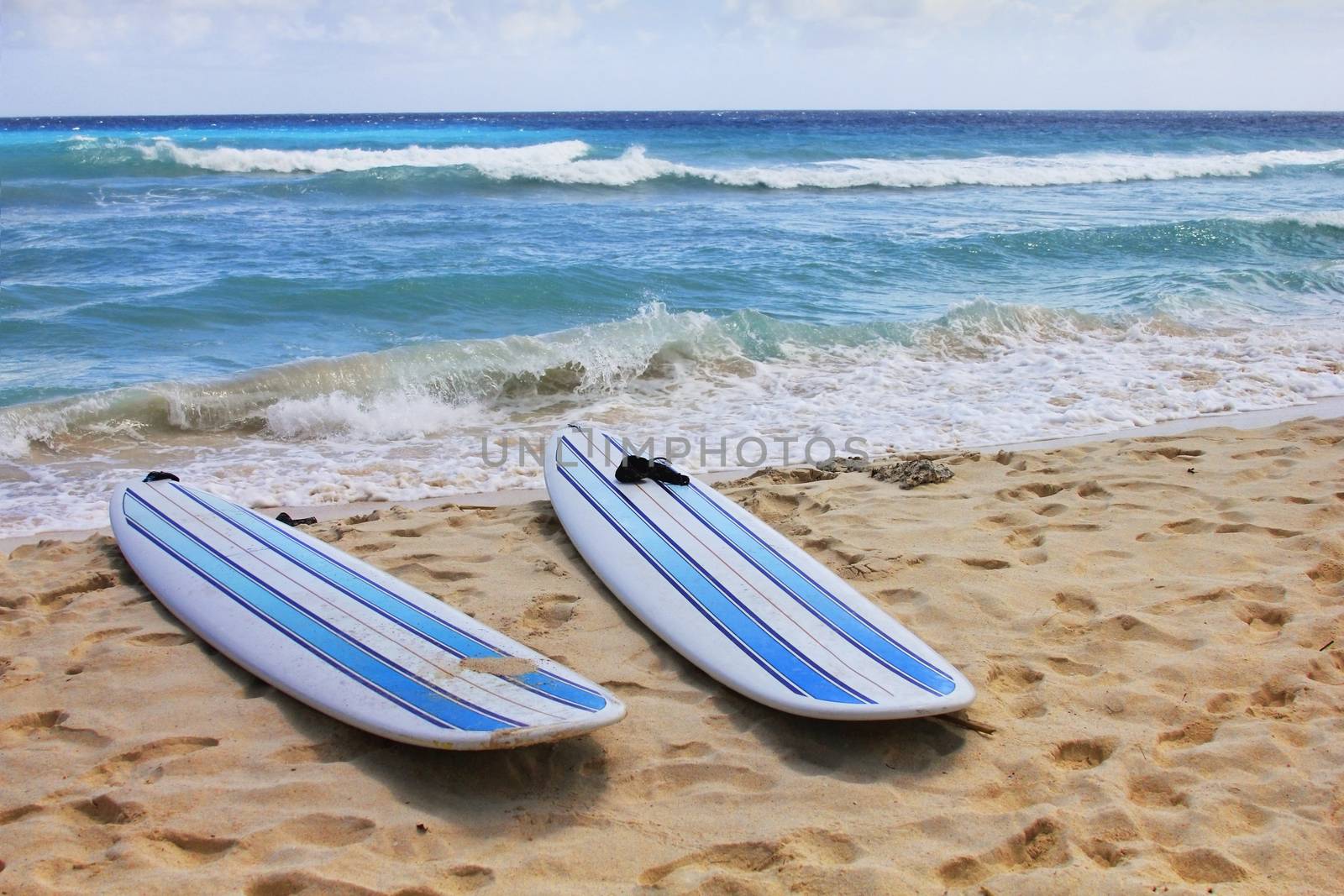 Surfboards at Dover beach on island Barbados on sandy shore by ocean