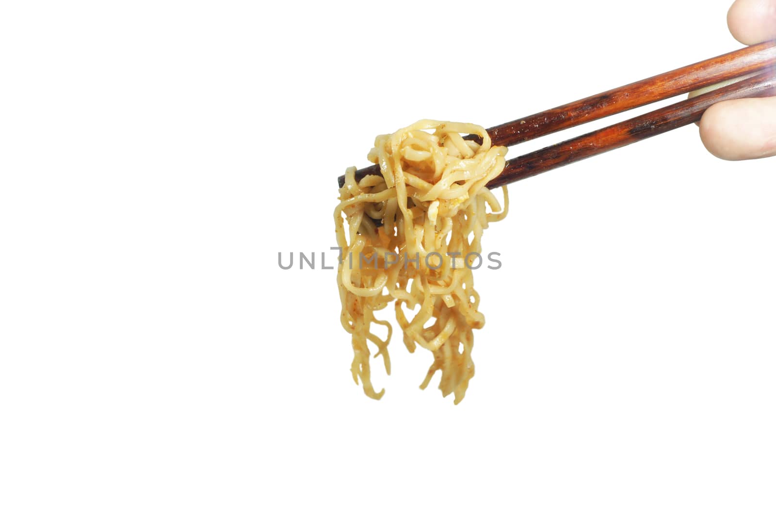 Chopsticks with spicy noodles on white background