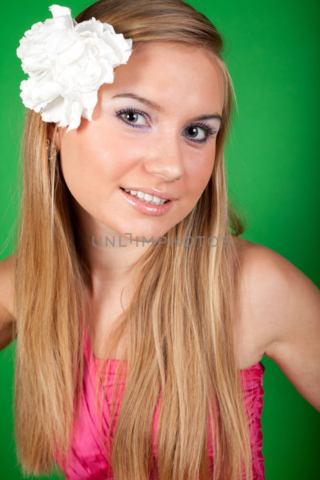 young women with white rose in hair