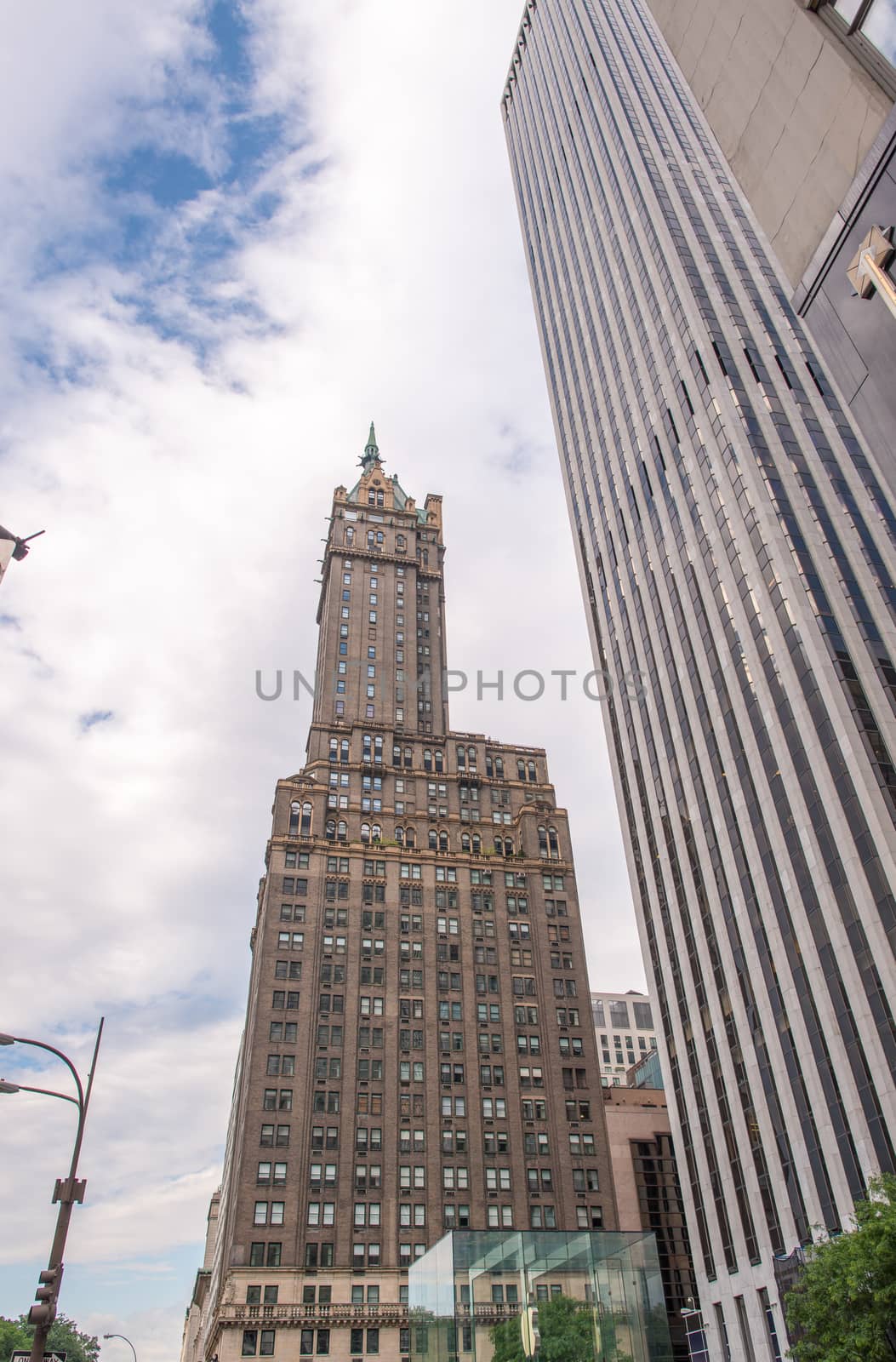 Street skyline of Lower Manhattan on a beautiful sunny day.