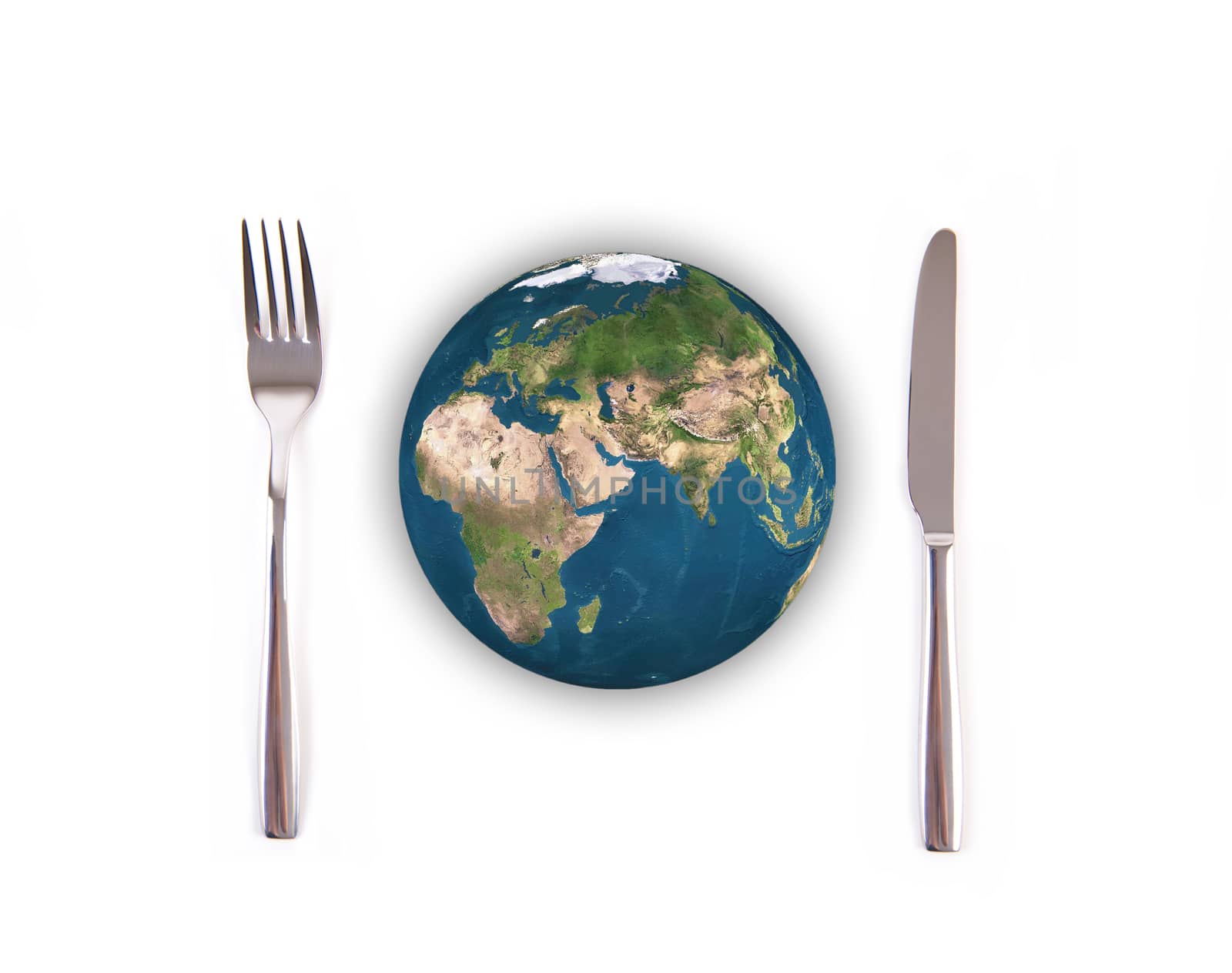World globe ball with fork and knife isolated on white background, Elements of this image furnished by NASA