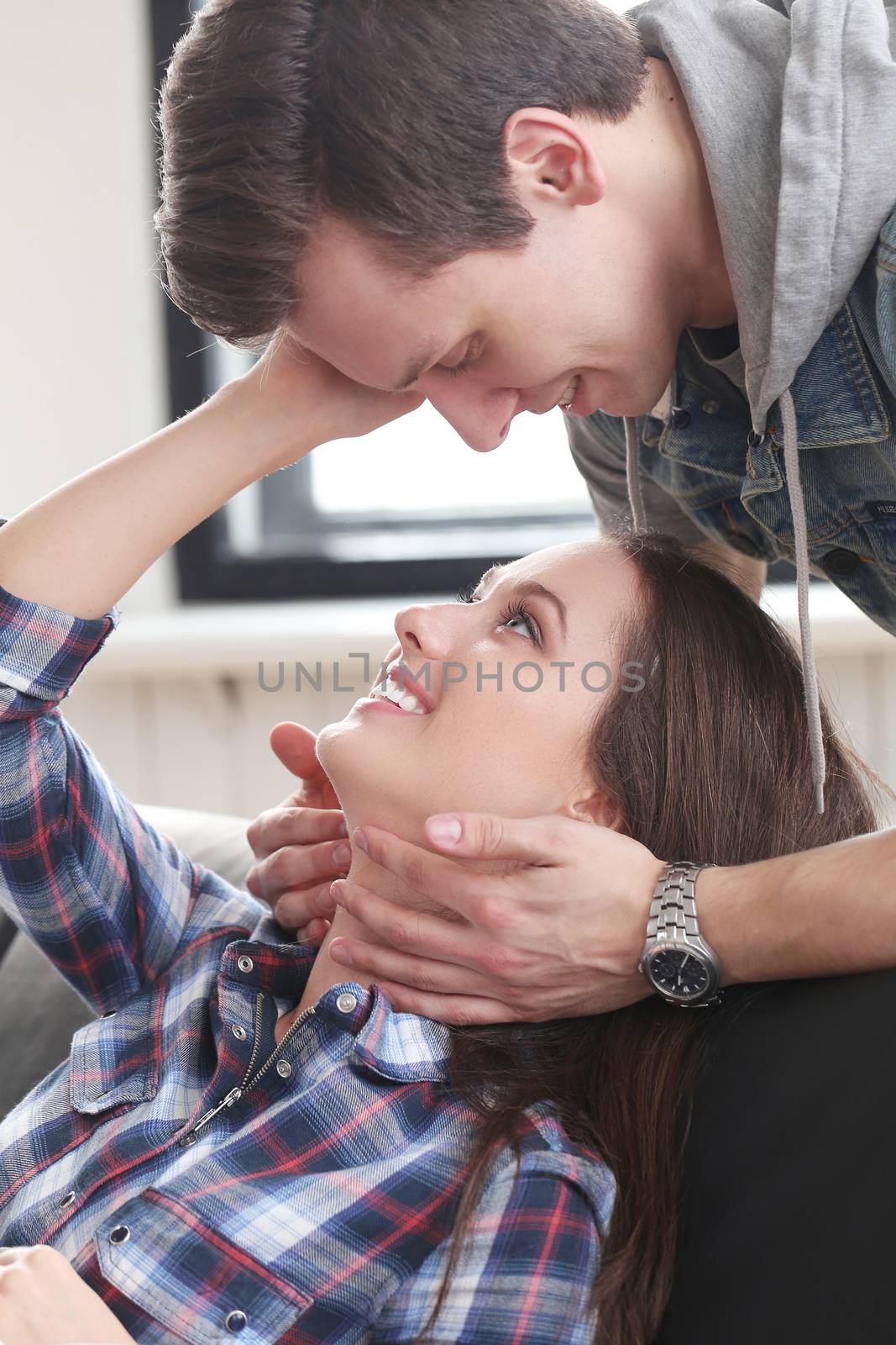 Love, relationship. Beautiful couple at home