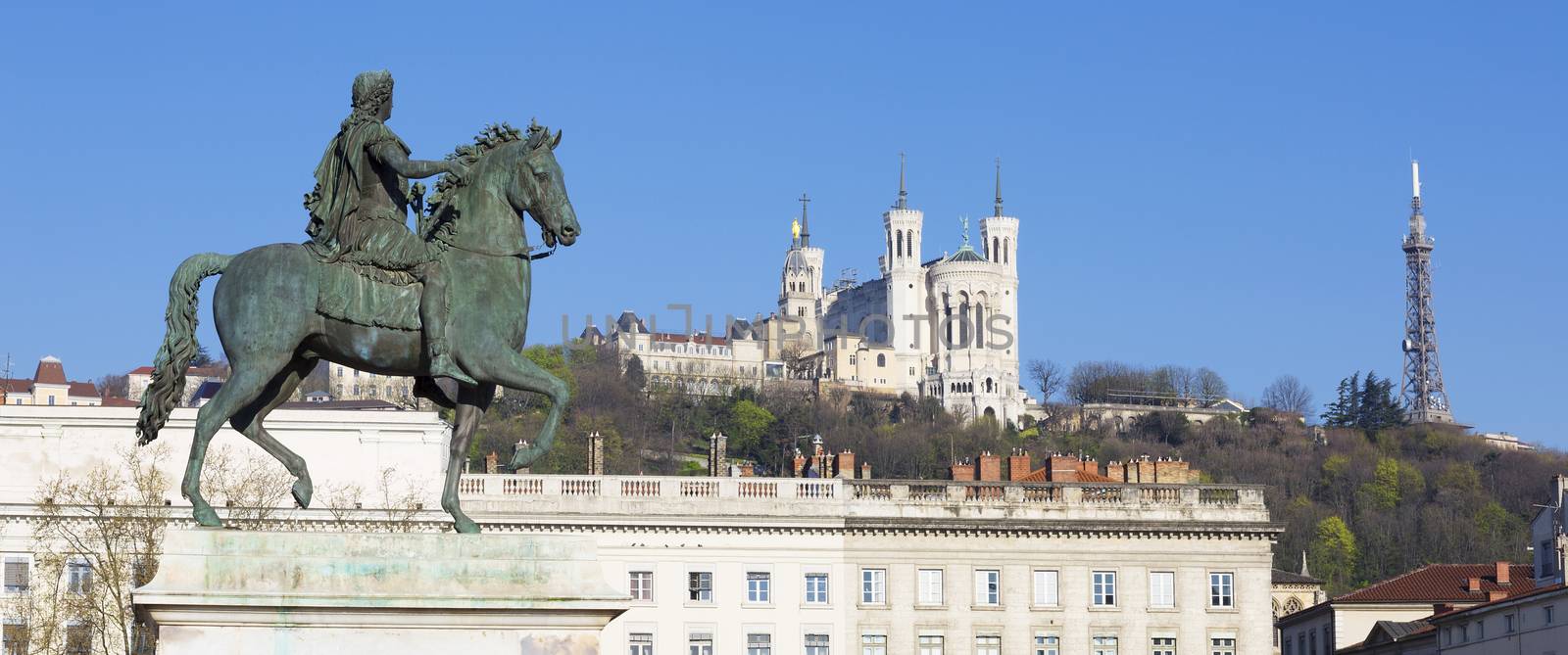 Panoramic view of Statue  and Basilica on a background, Lyon, France.