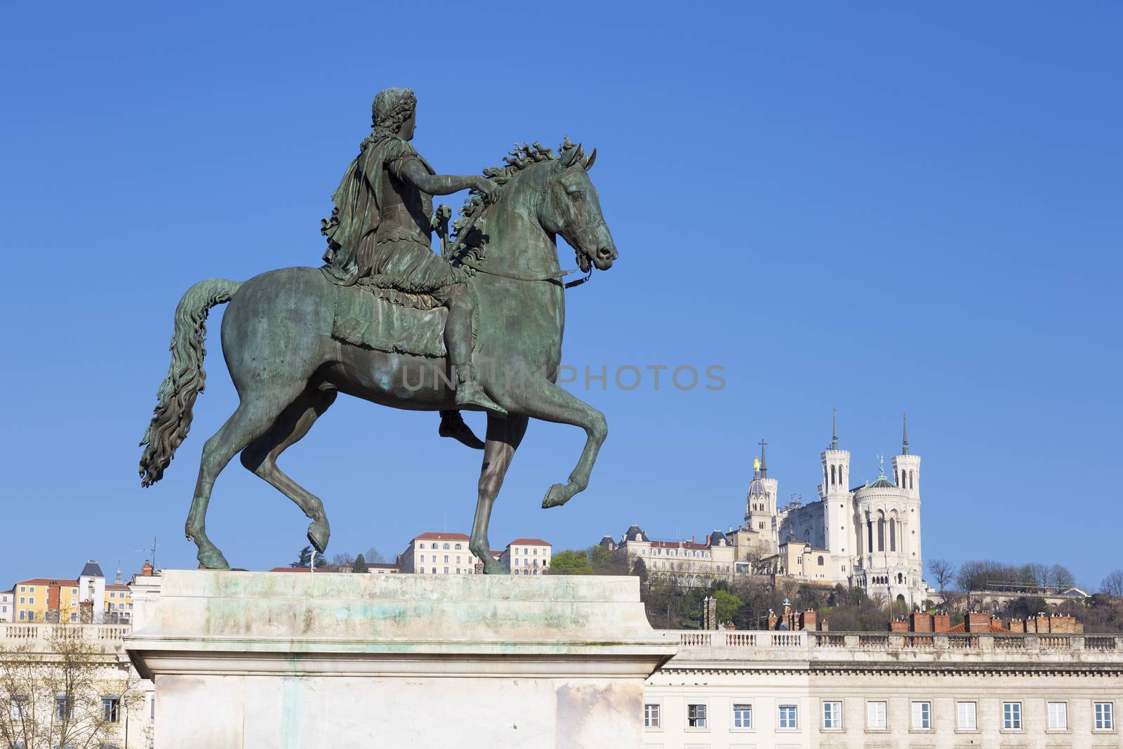 View of statue and Basilica in Lyon, France.