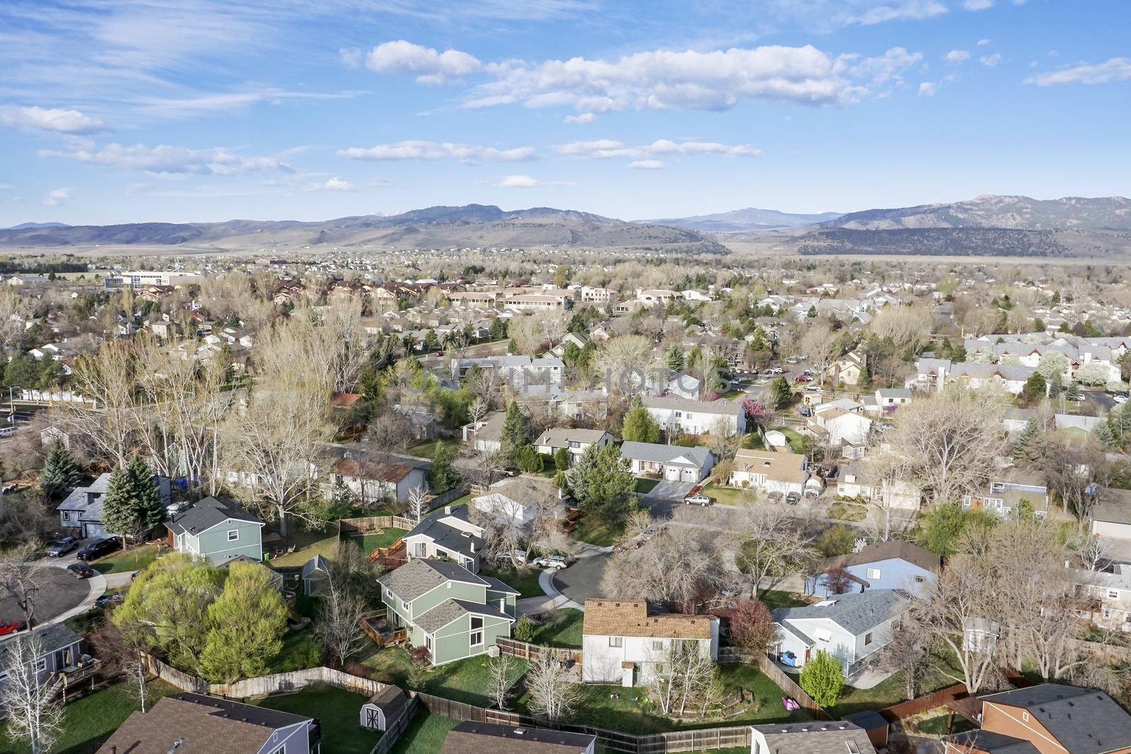 aerial view of Fort Collins residential area, typical along Colorado Front Range, early spring (April) scenery