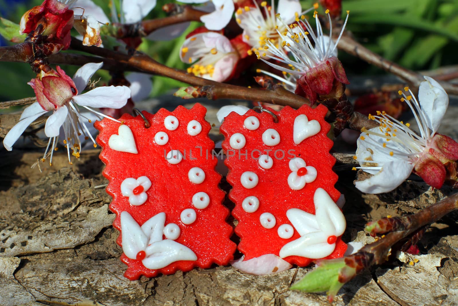 Handmade clay earrings on the nature background by Yarvet