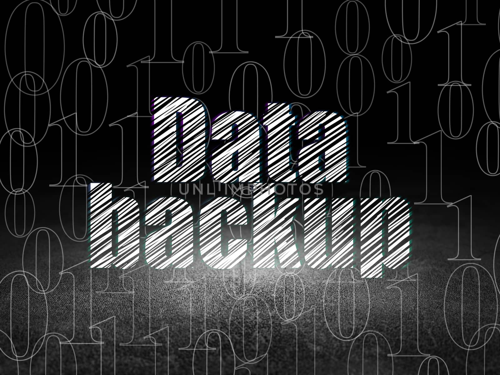 Data concept: Glowing text Data Backup in grunge dark room with Dirty Floor, black background with  Binary Code, 3d render