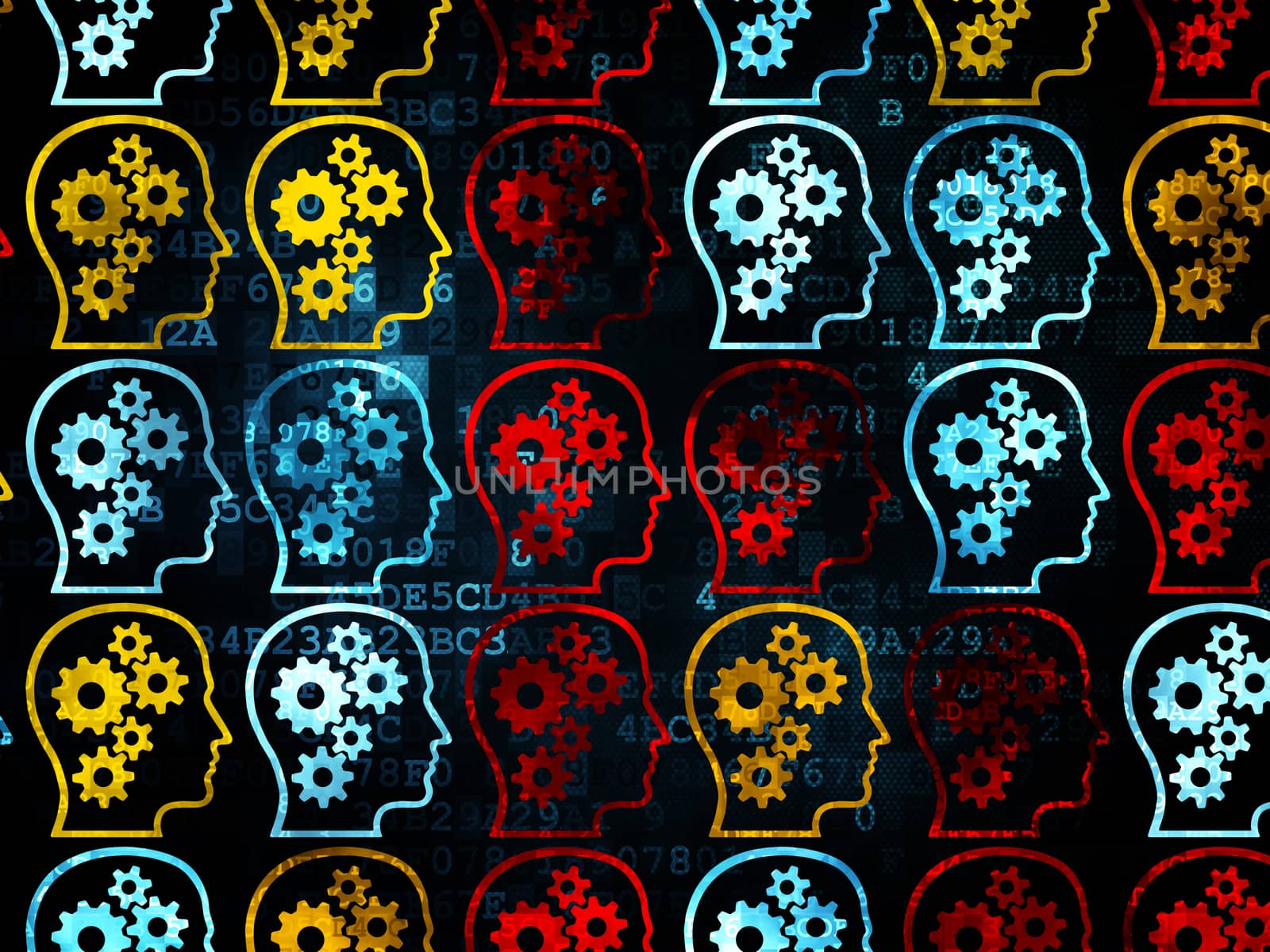 Information concept: multicolor Head With Gears icons on Digital background by maxkabakov