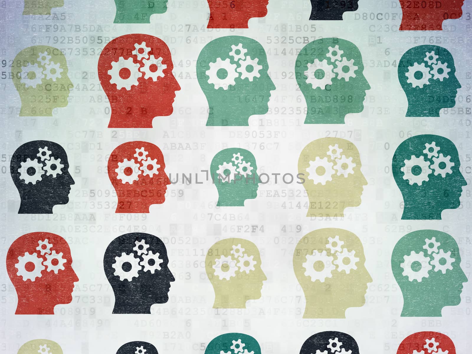 Information concept: Painted multicolor Head With Gears icons on Digital Paper background, 3d render