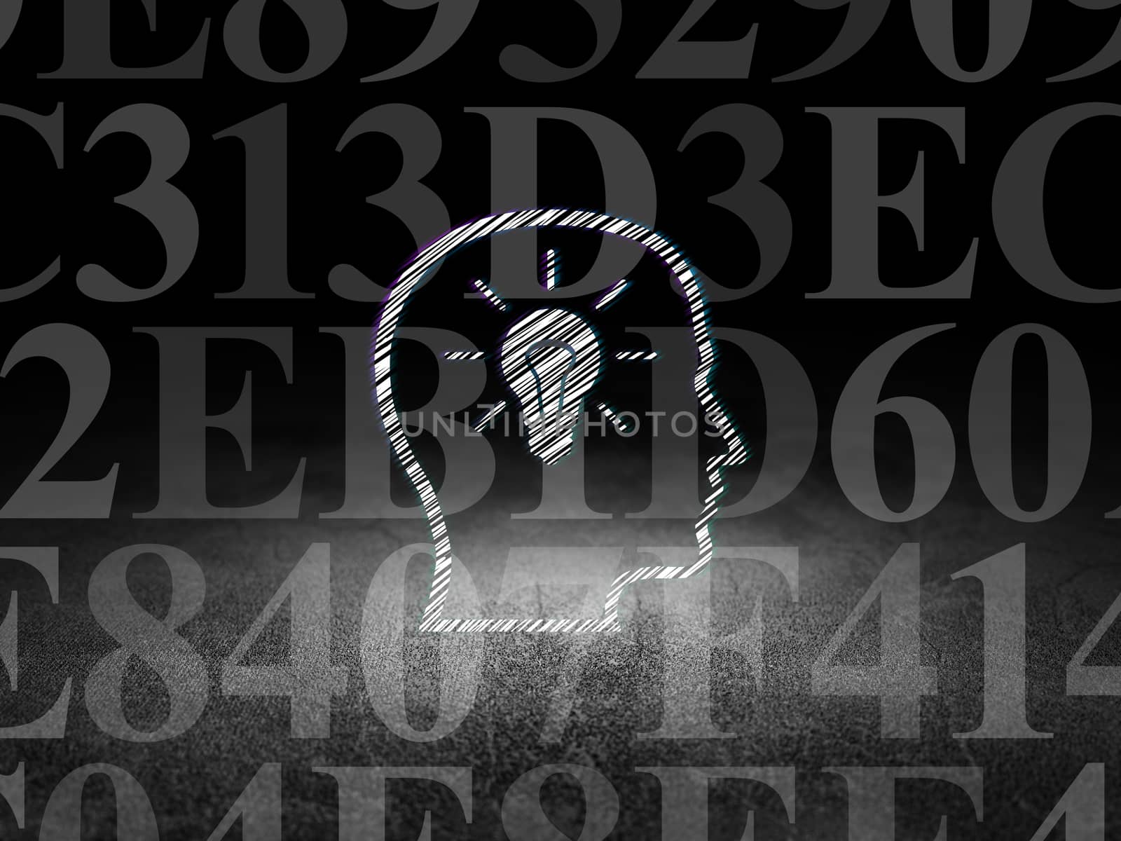 Information concept: Glowing Head With Lightbulb icon in grunge dark room with Dirty Floor, black background with  Hexadecimal Code, 3d render