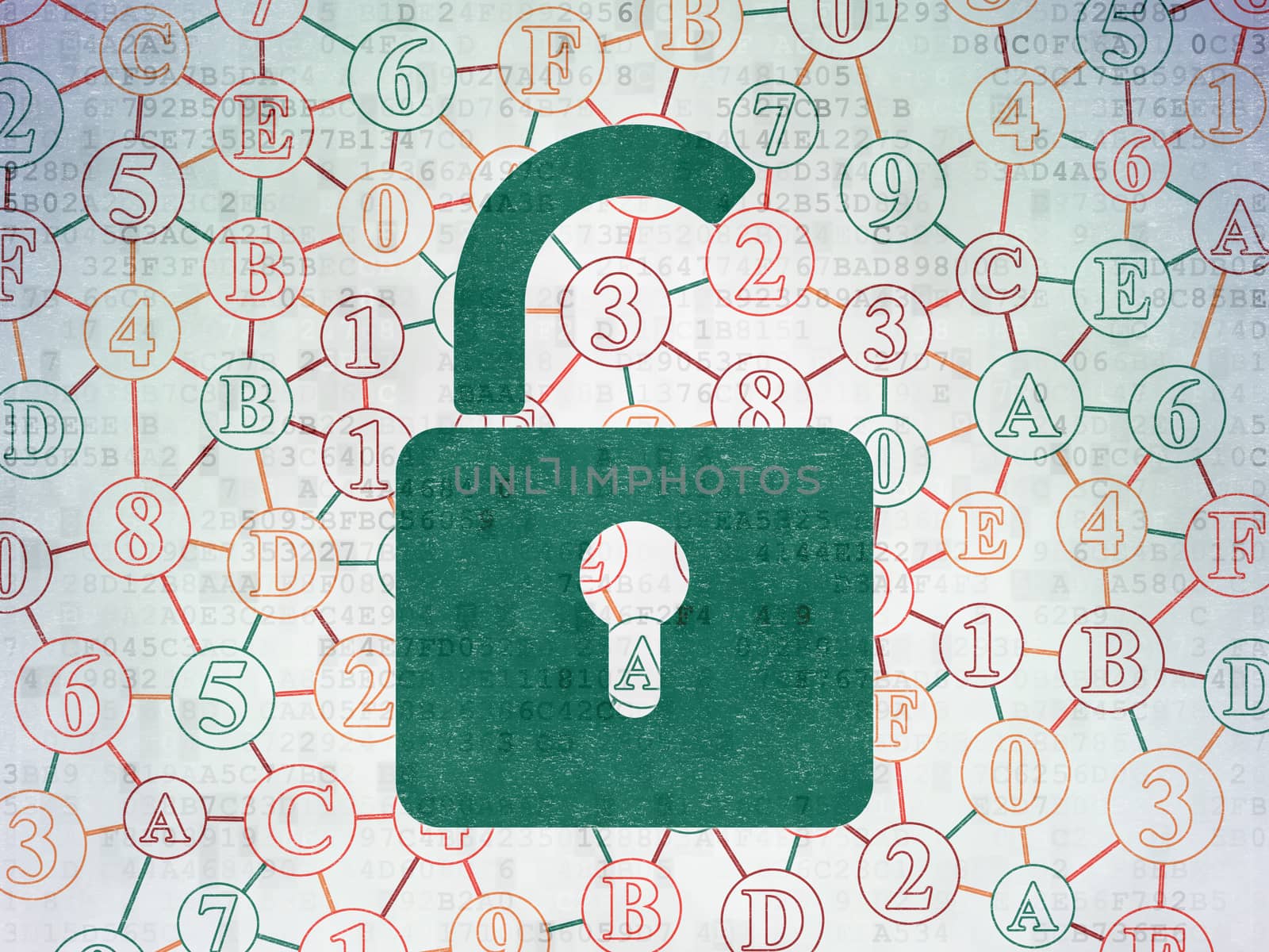 Information concept: Painted green Opened Padlock icon on Digital Paper background with Scheme Of Hexadecimal Code, 3d render