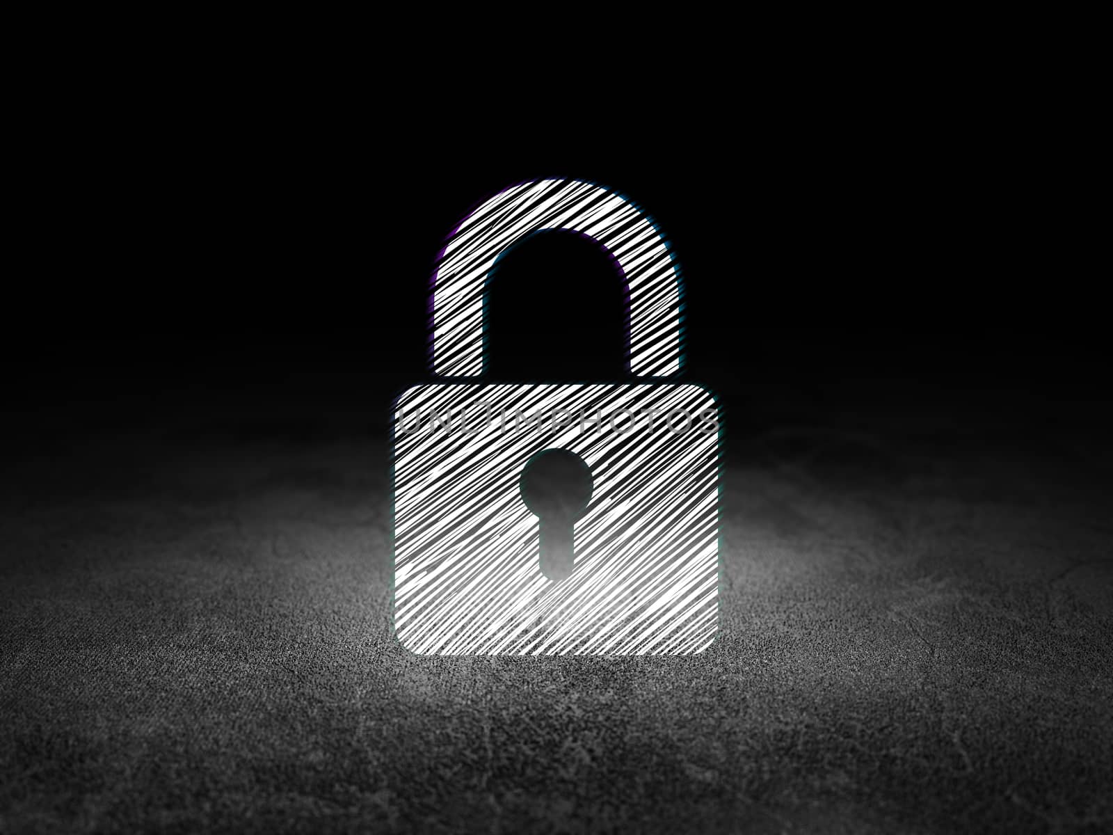 Data concept: Glowing Closed Padlock icon in grunge dark room with Dirty Floor, black background, 3d render