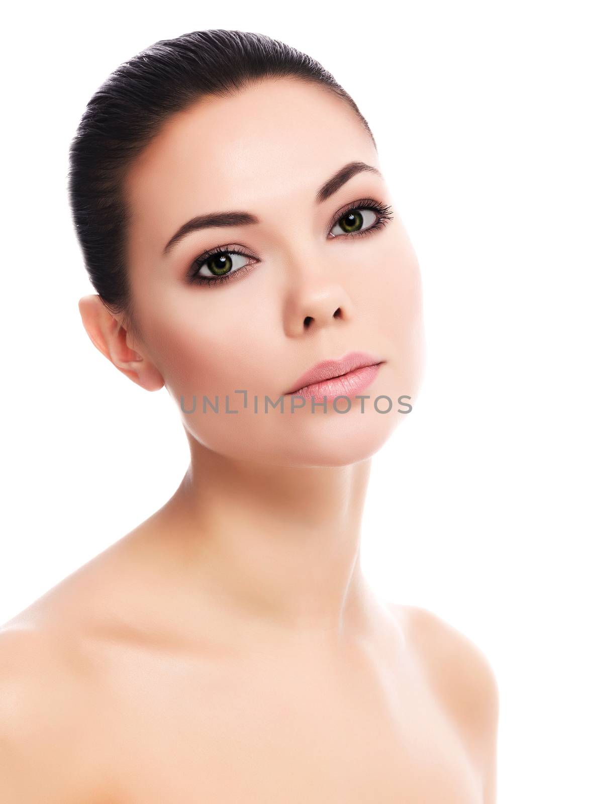 Face of a beautiful young woman, white background, isolated, copyspace