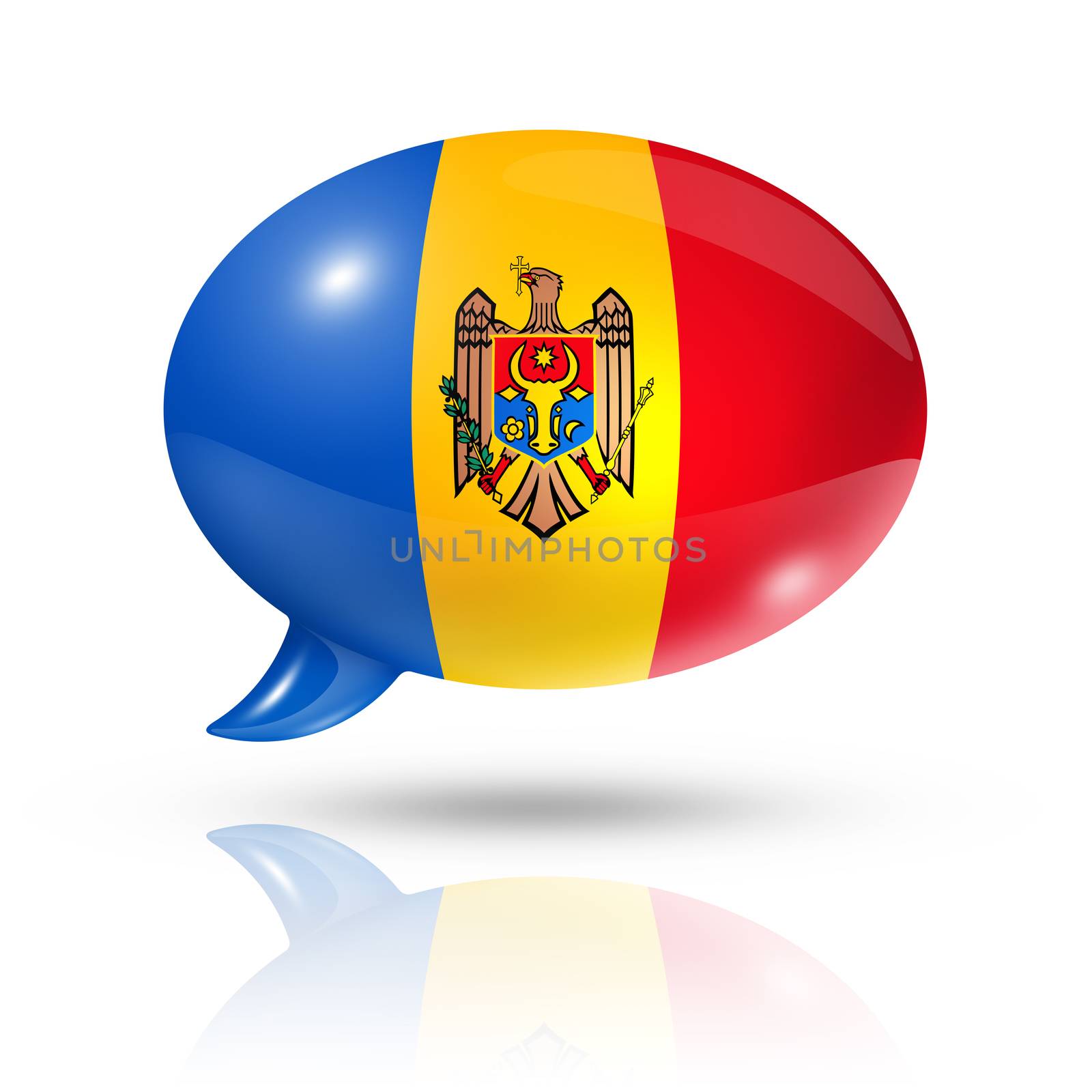 three dimensional Moldova flag in a speech bubble isolated on white with clipping path