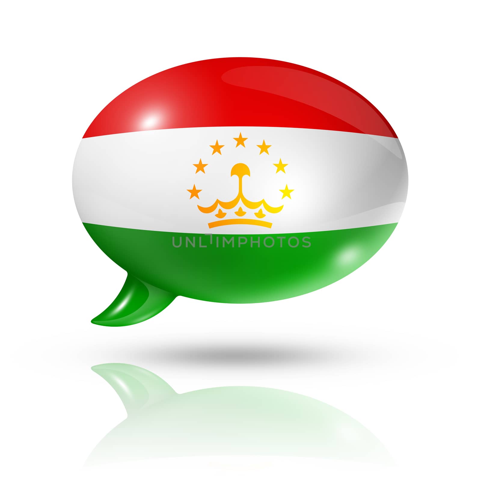 three dimensional Tajikistan flag in a speech bubble isolated on white with clipping path