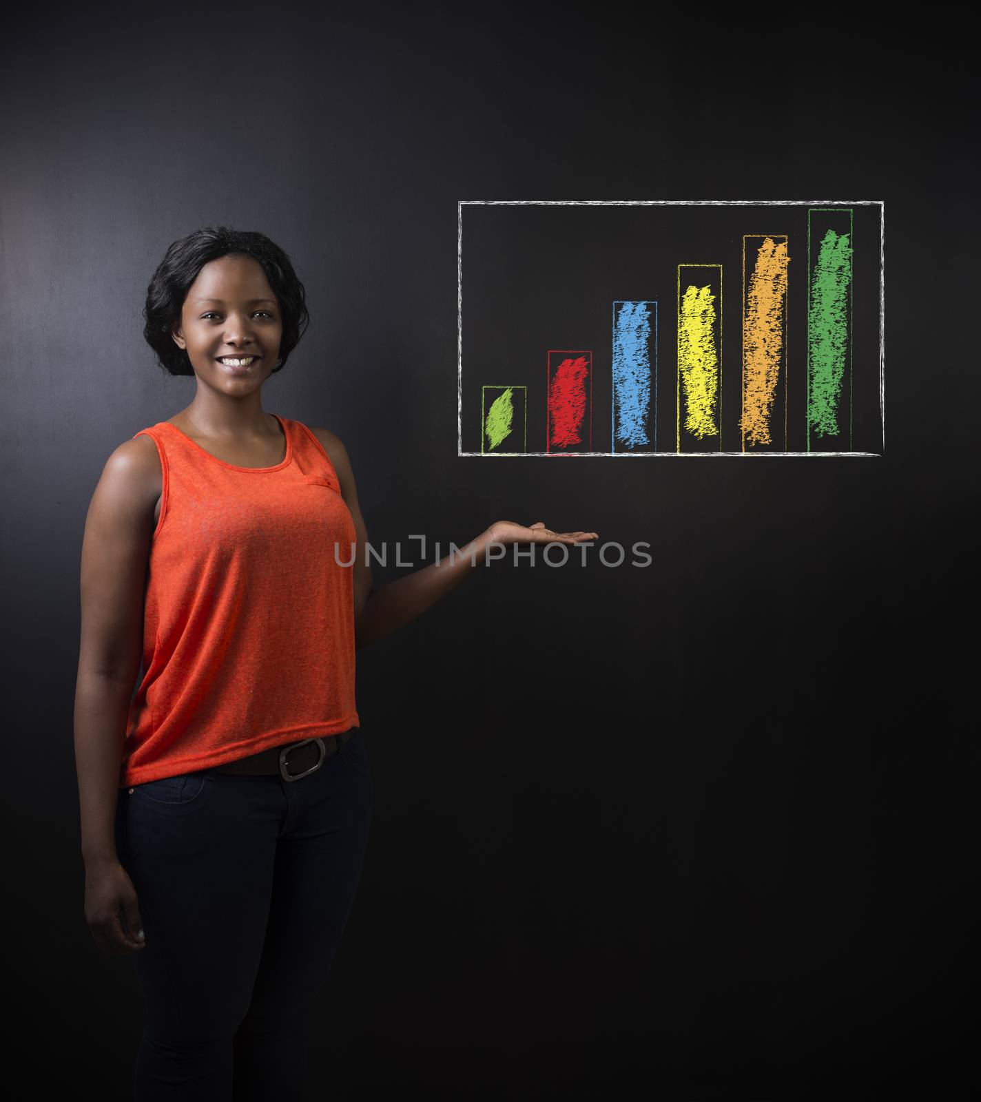 South African or African American woman teacher or student against blackboard background chalk bar graph or chart by alistaircotton