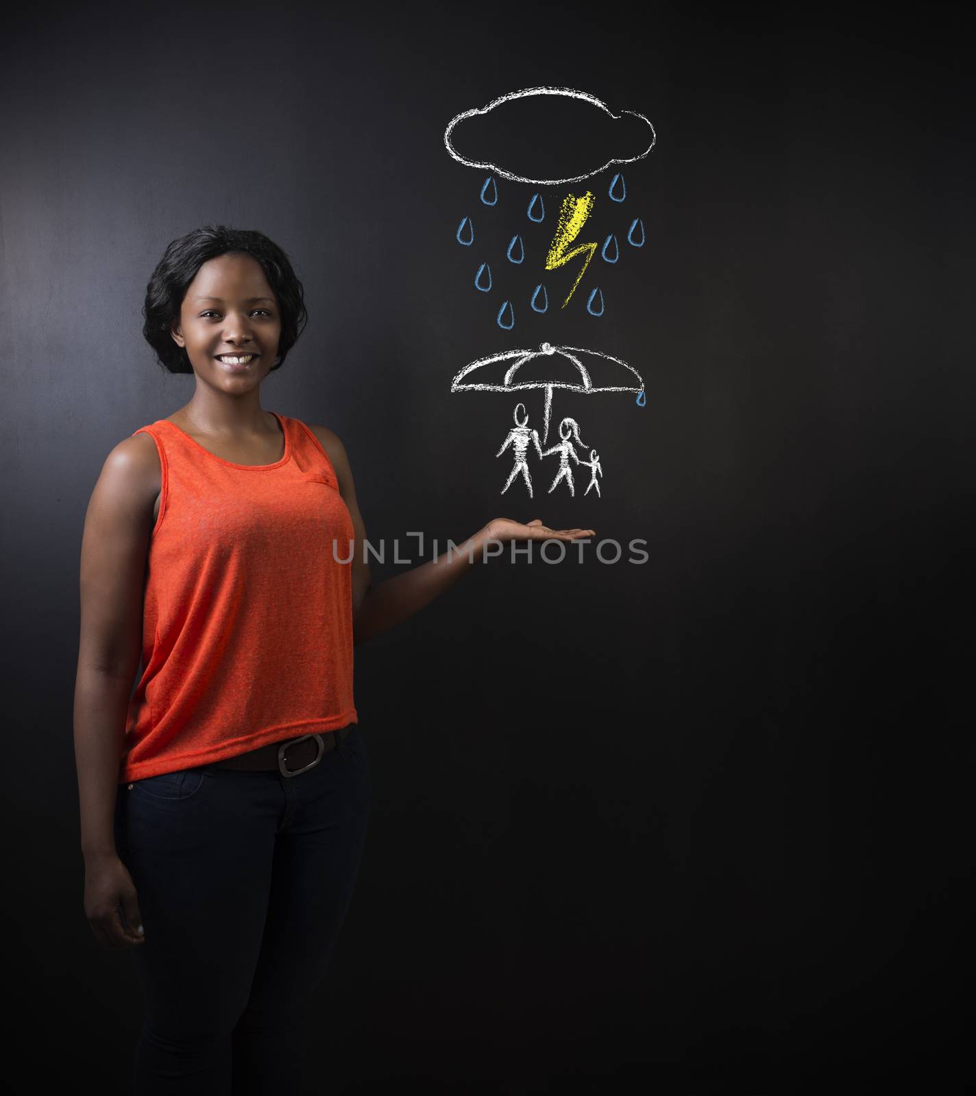 South African or African American woman teacher or student thinking about protecting family from natural disaster on blackboard background