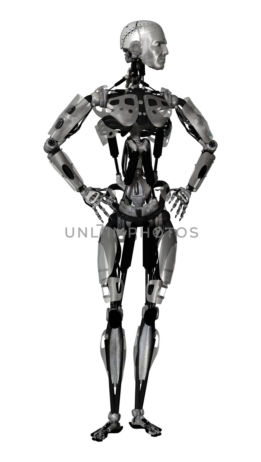 3D digital render of a male cyborg isolated on white background