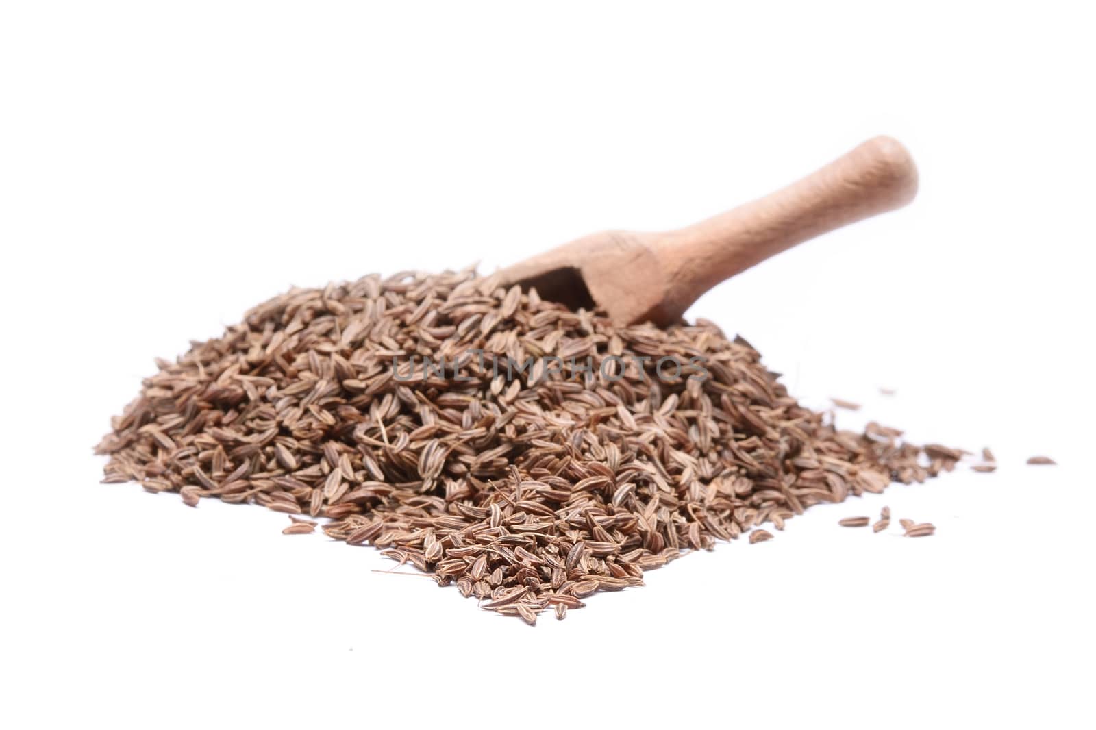 Caraway seed in an olive wood scoop and scattered isolated on white background. by comet