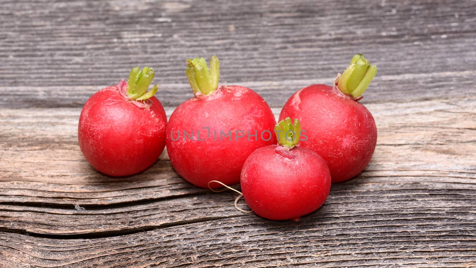 Fresh radishes on wooden table by comet