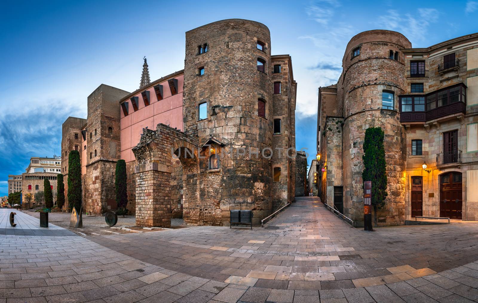 Panorama of Wall and Gate of Roman City Barcino and Placa Nova i by anshar