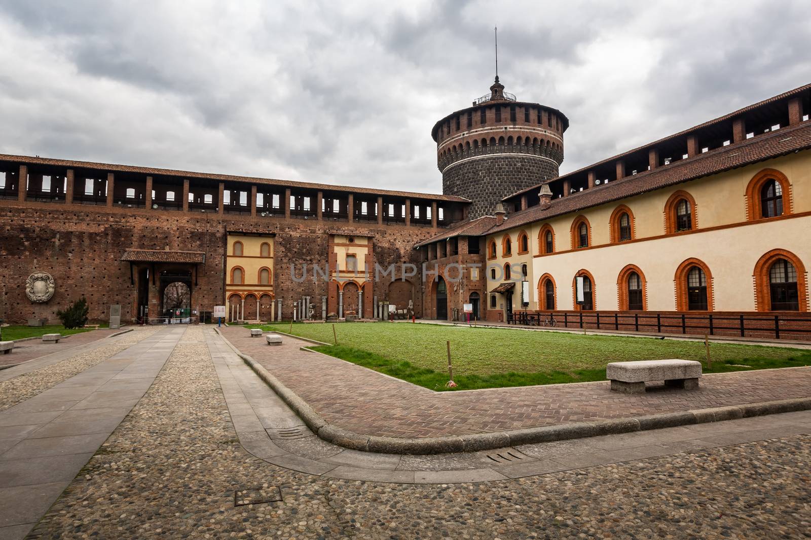 The Wall and Towers of Castello Sforzesco (Sforza Castle) in Milan, Italy