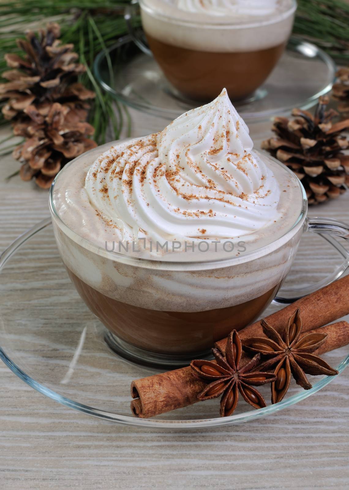 Cup of coffee with whipped cream and cinnamon on the table with pine cones