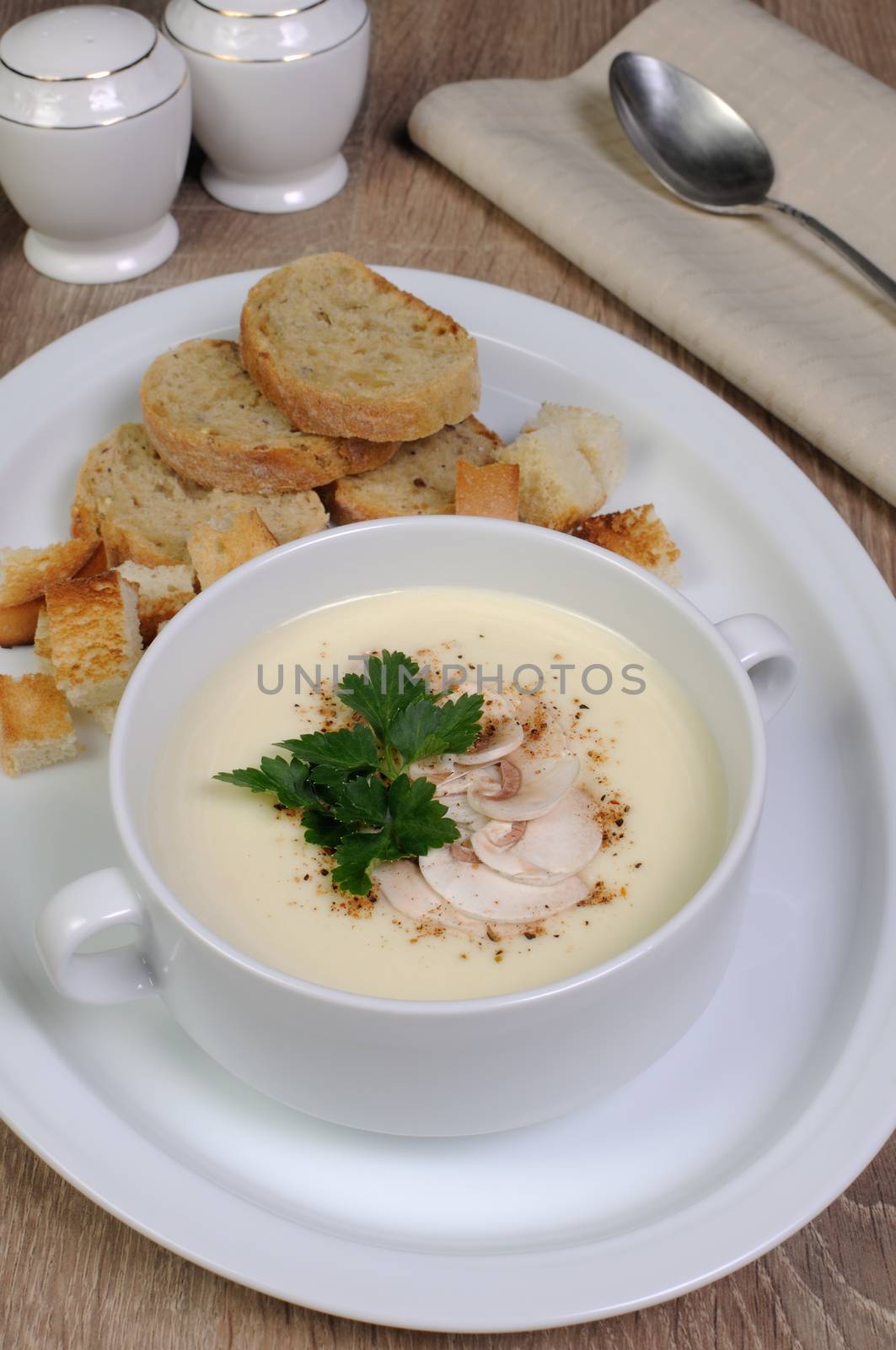 Plate of mushroom soup mashed spiced crispy bread croutons