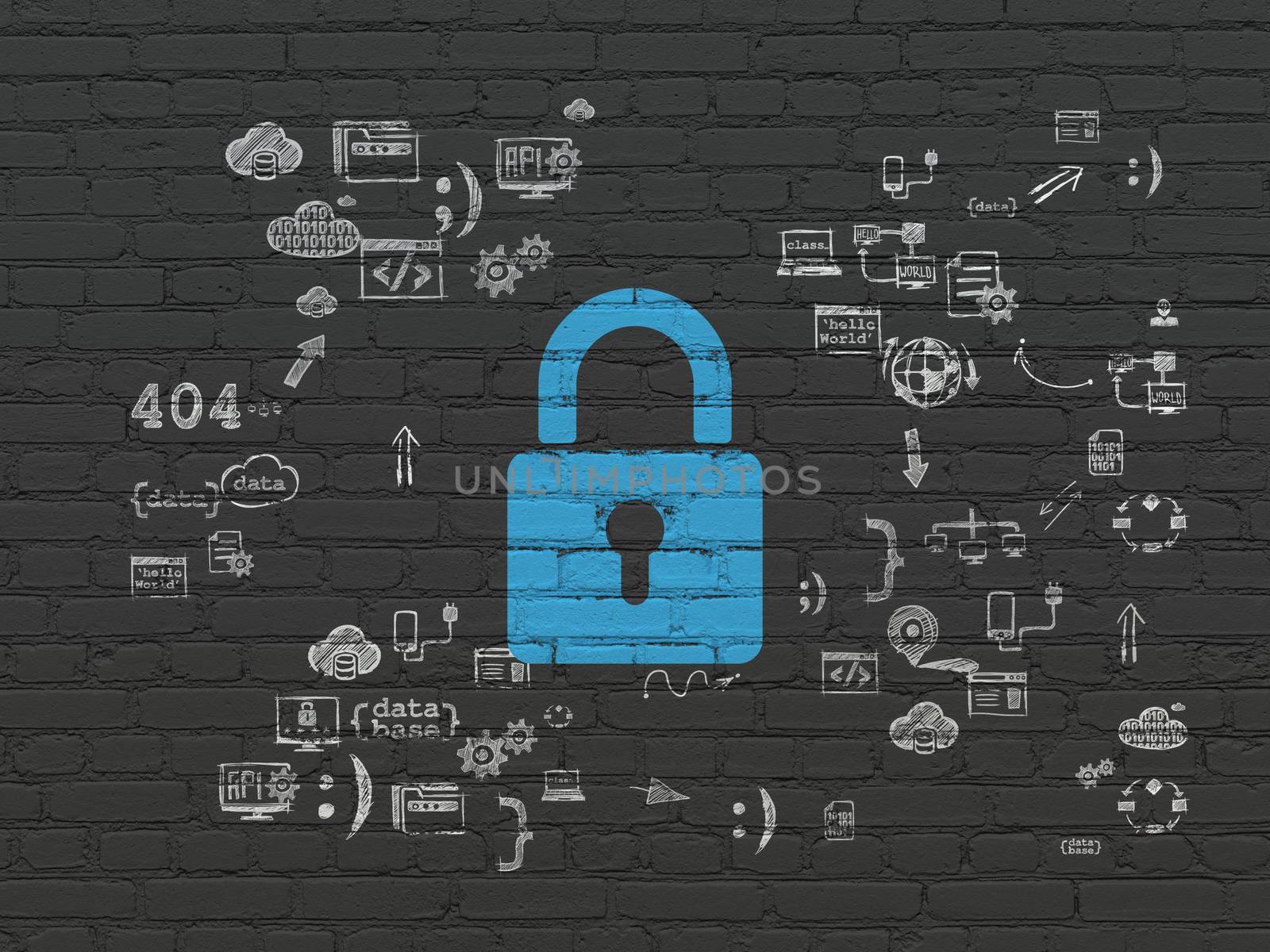 Privacy concept: Painted blue Closed Padlock icon on Black Brick wall background with Scheme Of Hand Drawn Programming Icons, 3d render