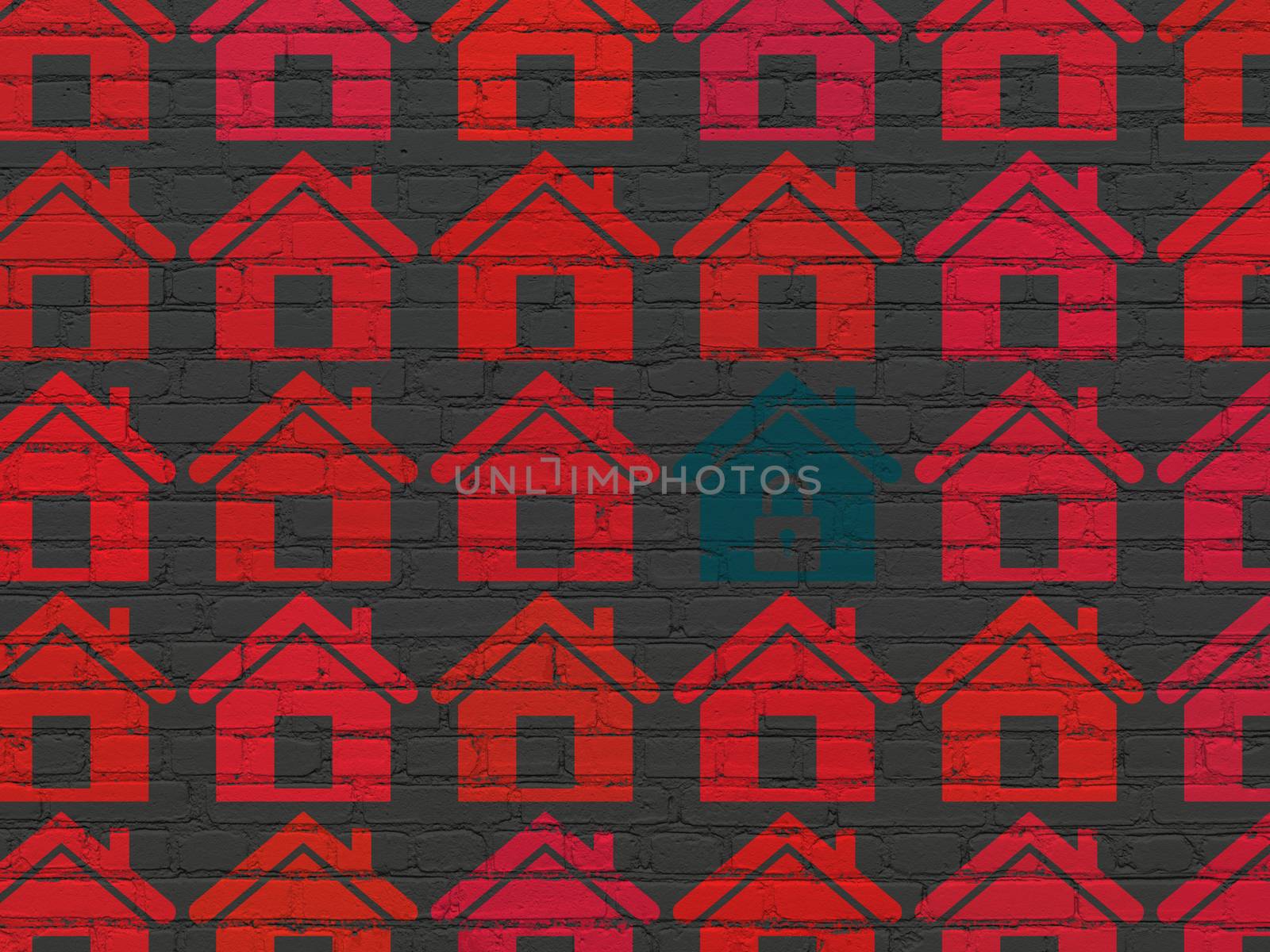 Privacy concept: rows of Painted red home icons around blue home icon on Black Brick wall background, 3d render