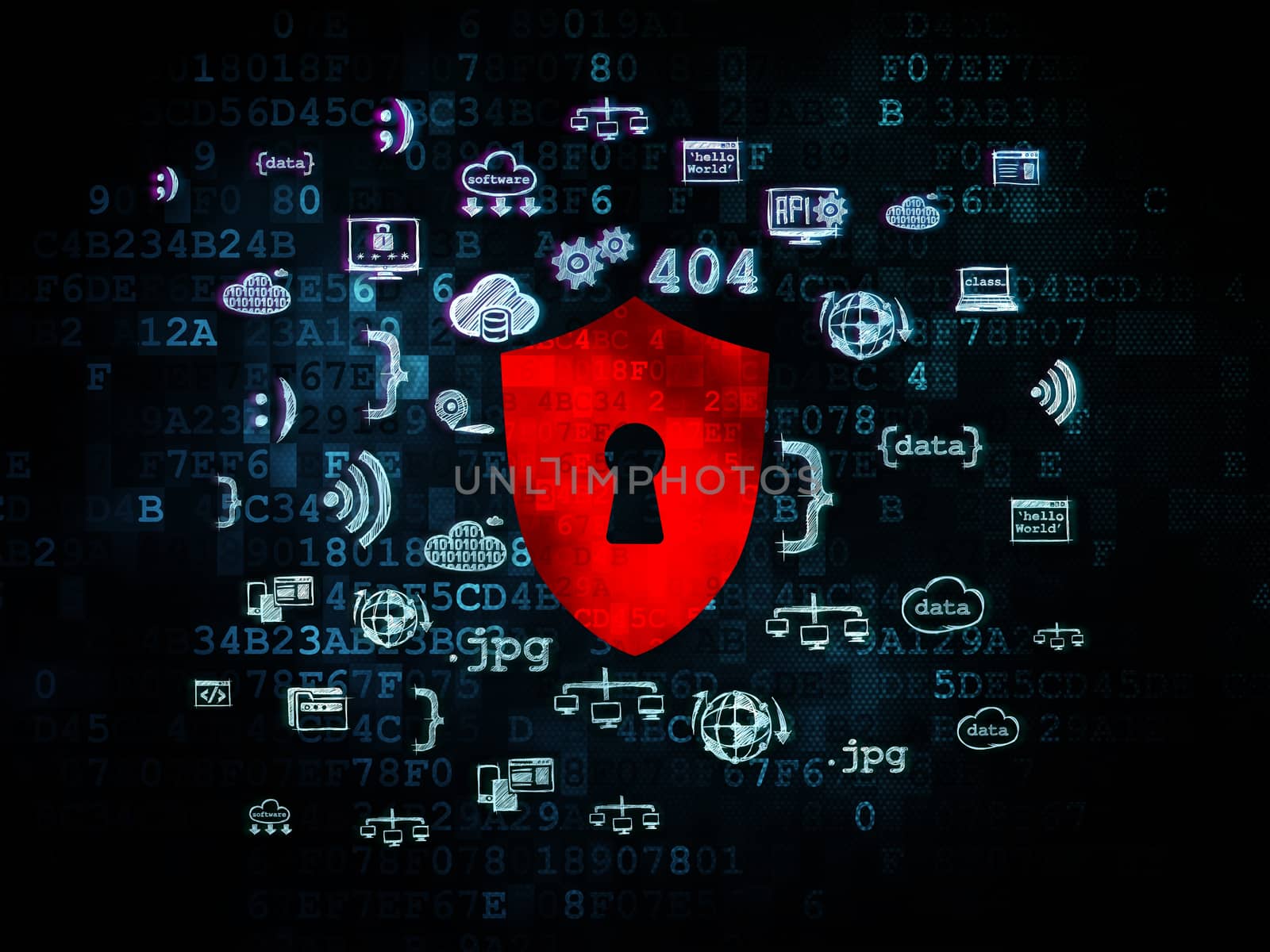 Security concept: Pixelated red Shield With Keyhole icon on Digital background with  Hand Drawn Programming Icons, 3d render