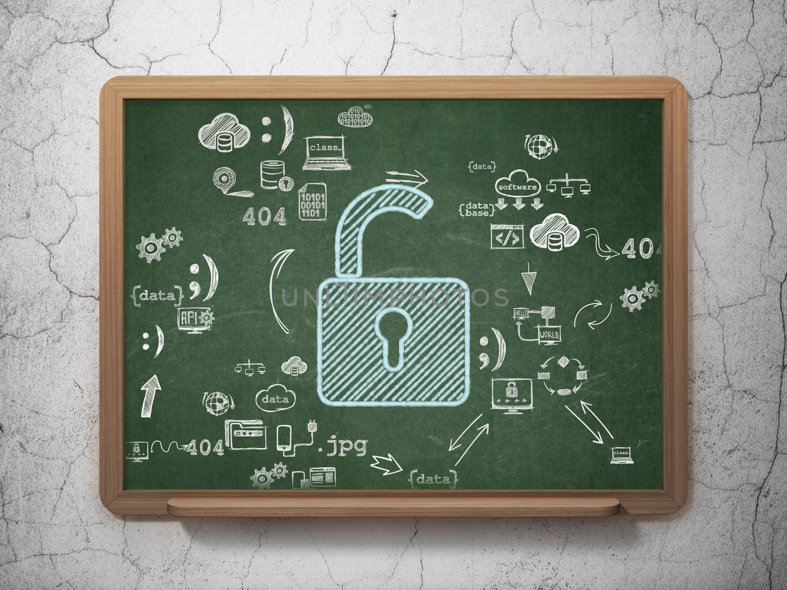 Safety concept: Chalk Blue Opened Padlock icon on School Board background with Scheme Of Hand Drawn Programming Icons, 3d render
