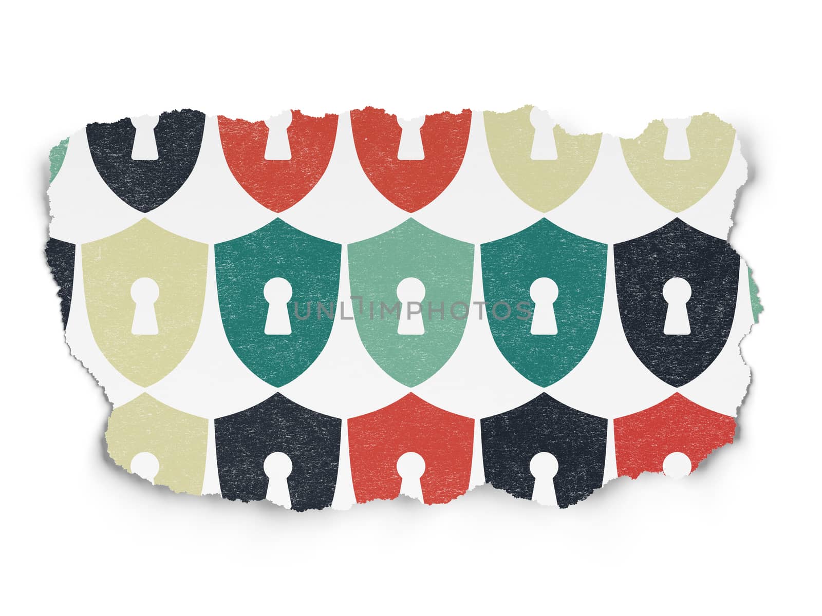 Security concept: multicolor Shield With Keyhole icons on Torn Paper background by maxkabakov