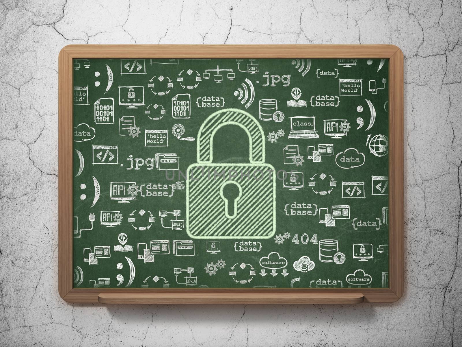 Privacy concept: Chalk Green Closed Padlock icon on School Board background with  Hand Drawn Programming Icons, 3d render