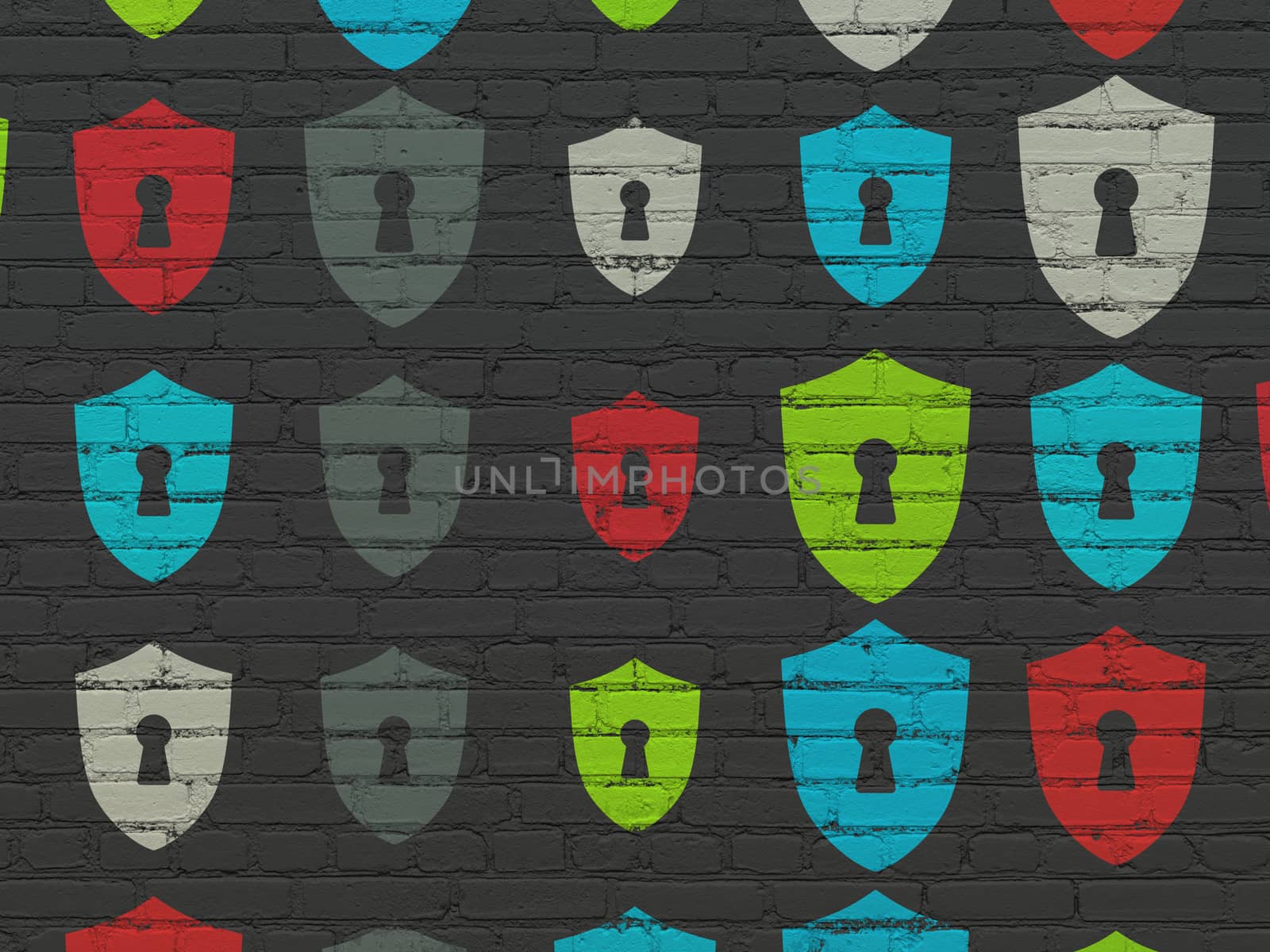 Safety concept: multicolor Shield With Keyhole icons on wall background by maxkabakov