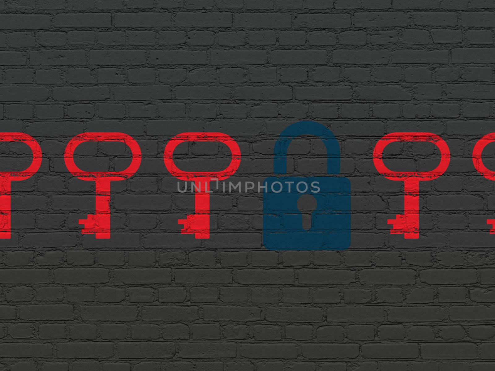 Protection concept: blue closed padlock icon on wall background by maxkabakov