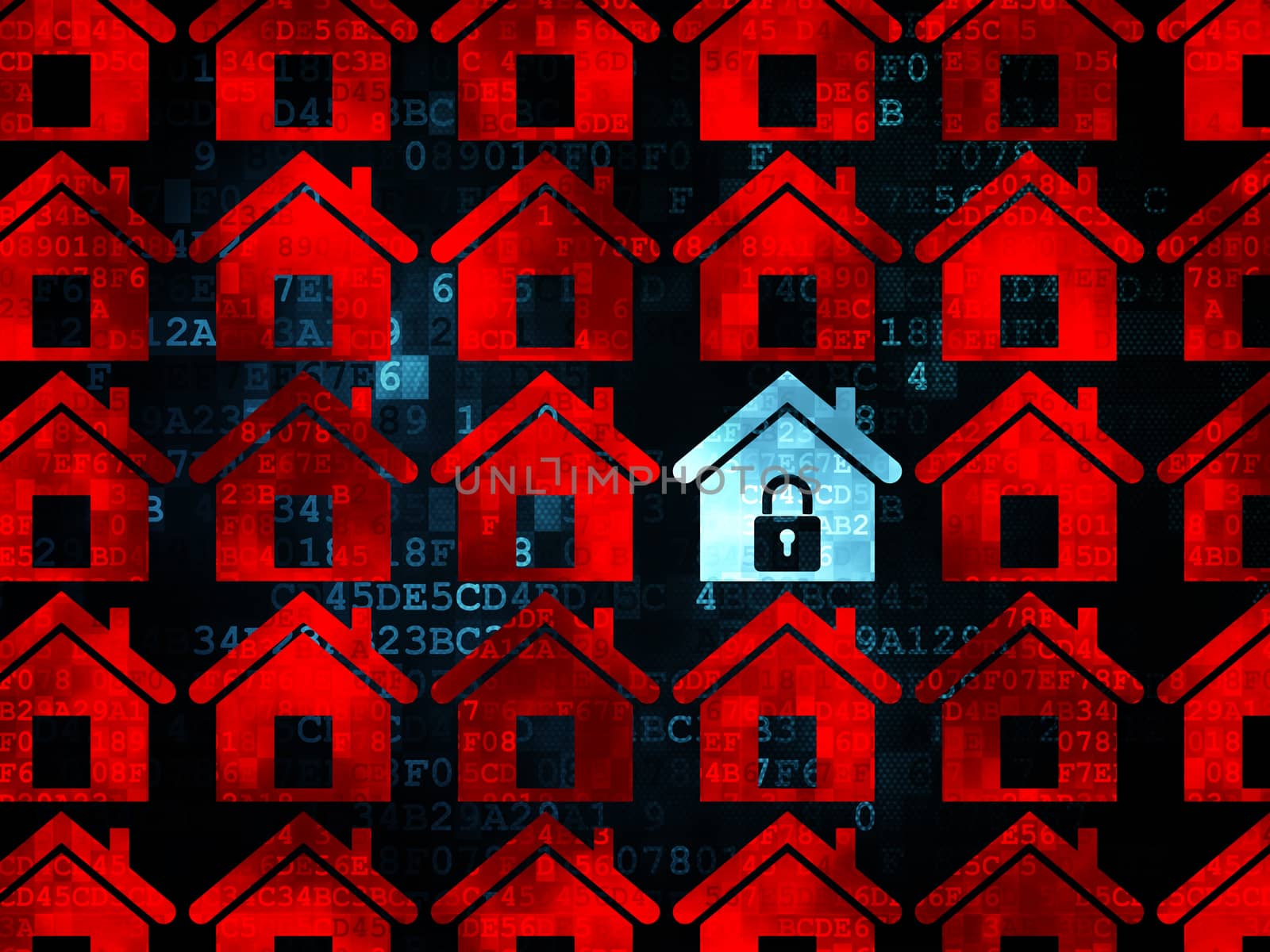 Privacy concept: rows of Pixelated red home icons around blue home icon on Digital background, 3d render