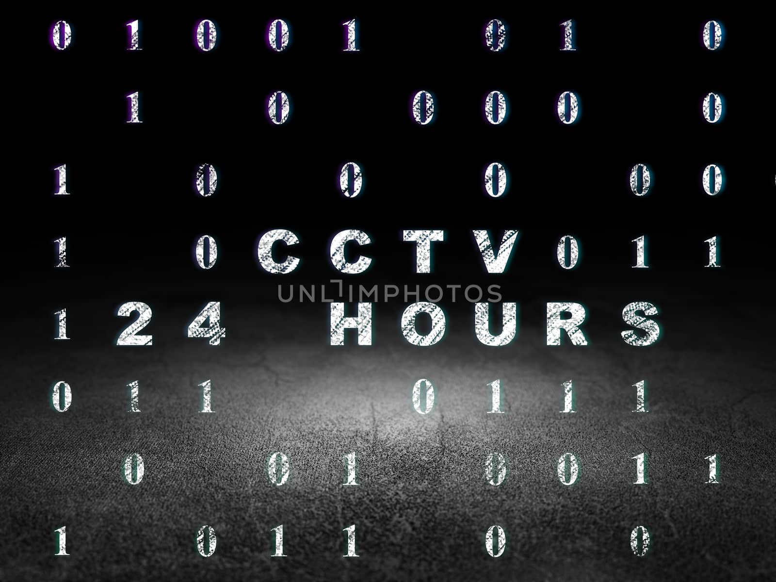 Privacy concept: Glowing CCTV 24 hours icon in grunge dark room with Dirty Floor, black background with Binary Code, 3d render