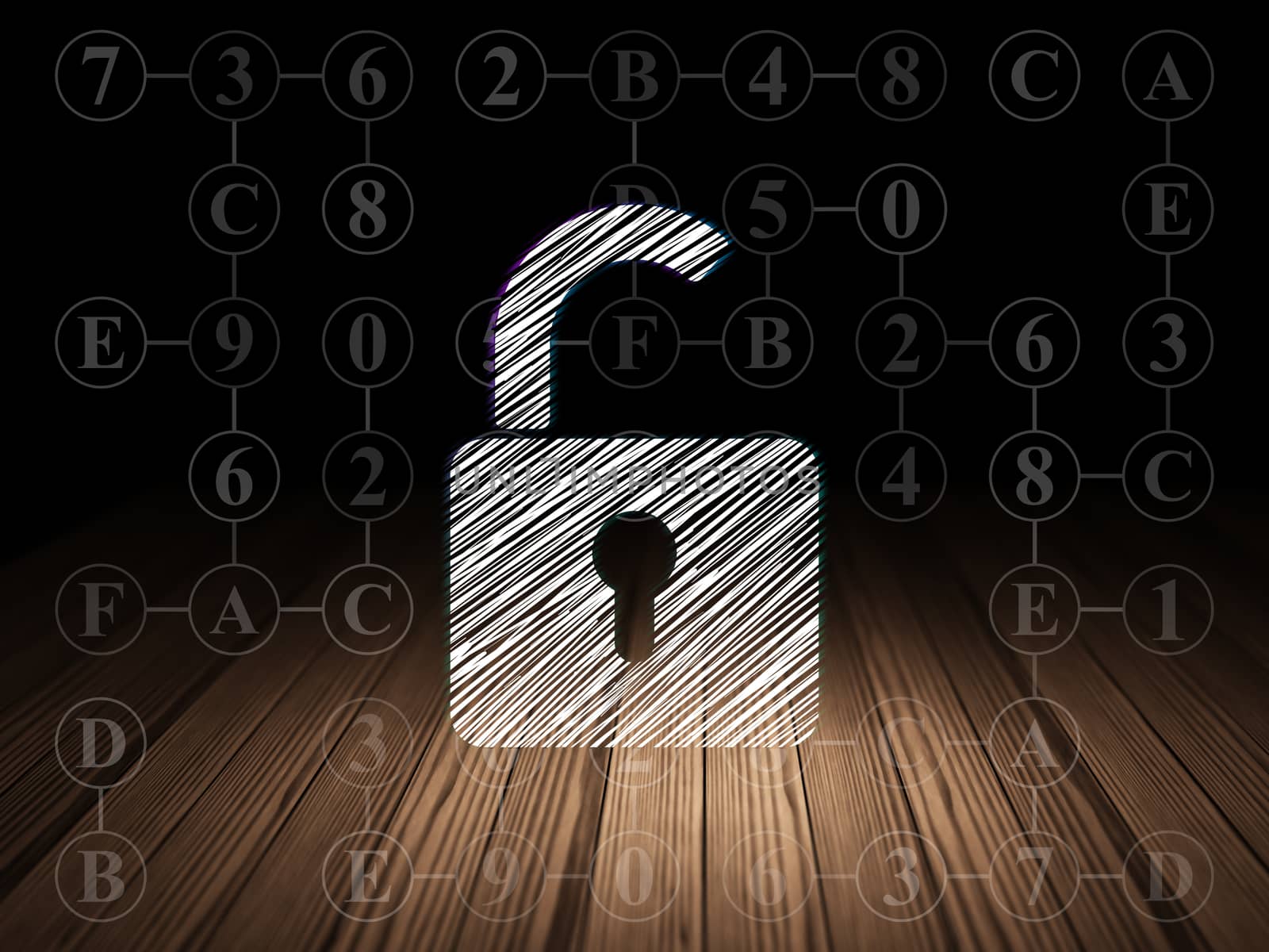 Privacy concept: Glowing Opened Padlock icon in grunge dark room with Wooden Floor, black background with Scheme Of Hexadecimal Code, 3d render