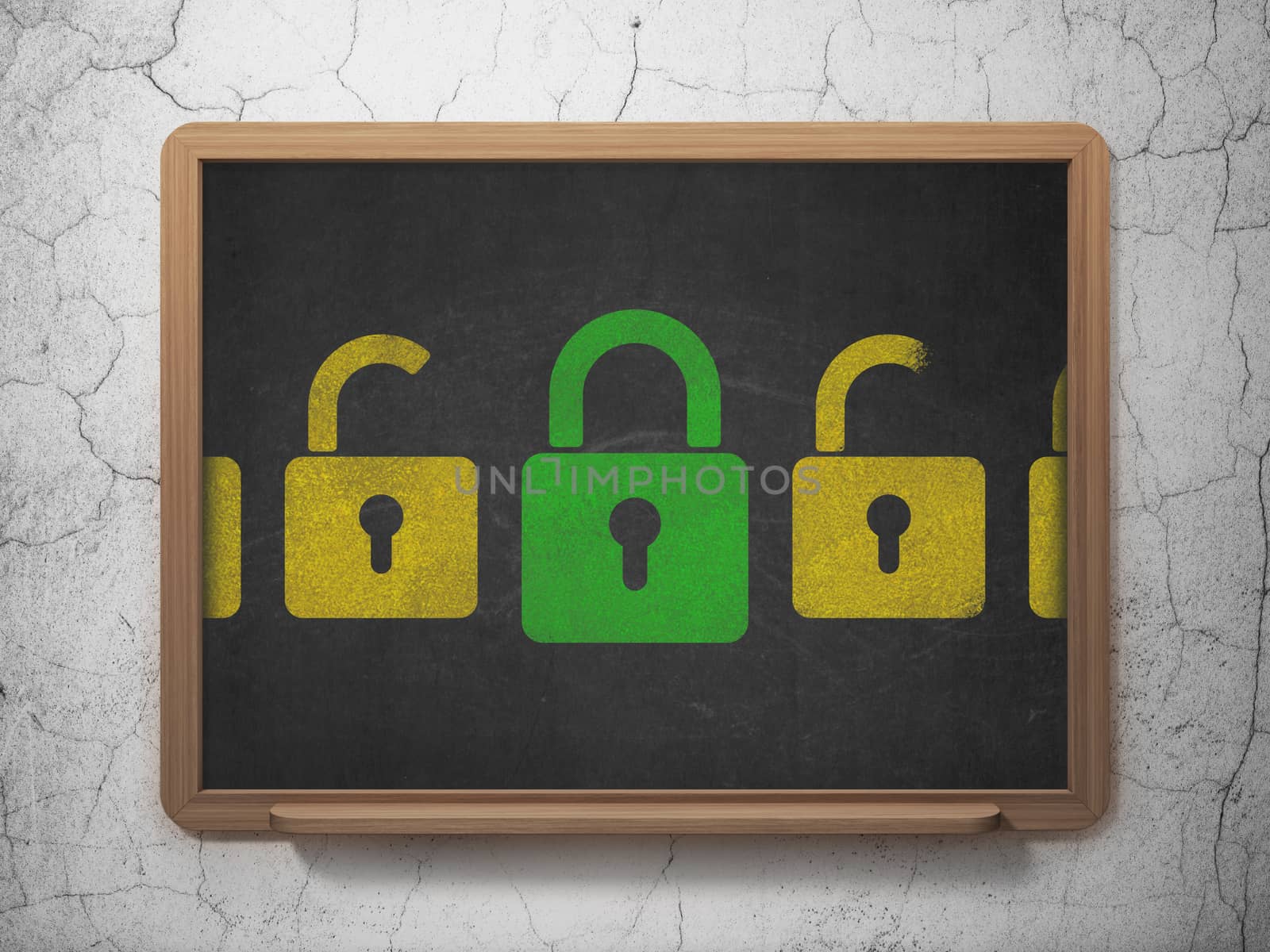 Privacy concept: green closed padlock icon on School Board background by maxkabakov