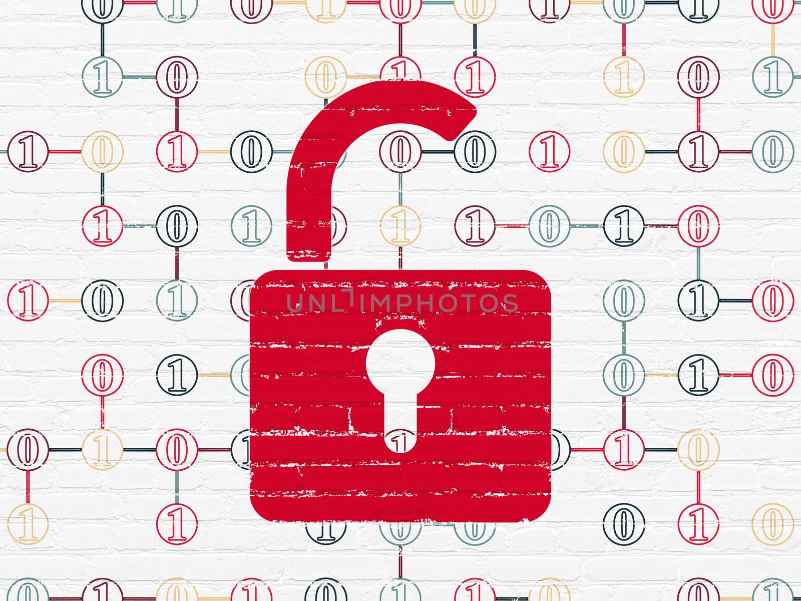 Security concept: Painted red Opened Padlock icon on White Brick wall background with Scheme Of Binary Code, 3d render