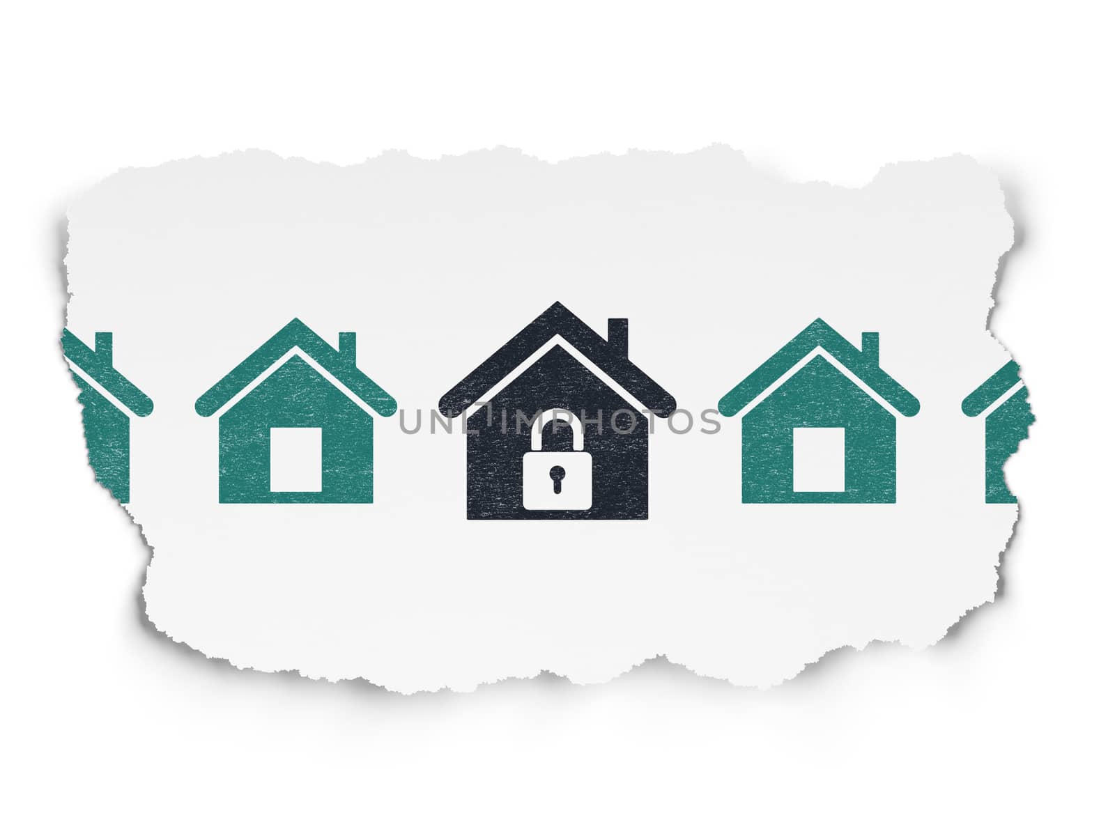 Security concept: row of Painted green home icons around black home icon on Torn Paper background, 3d render